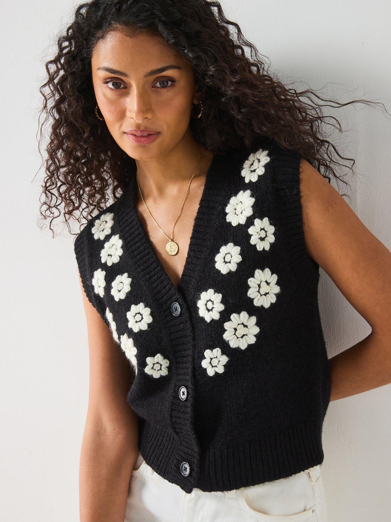 v-by-very-embroidered-flower-button-through-short-vest-black