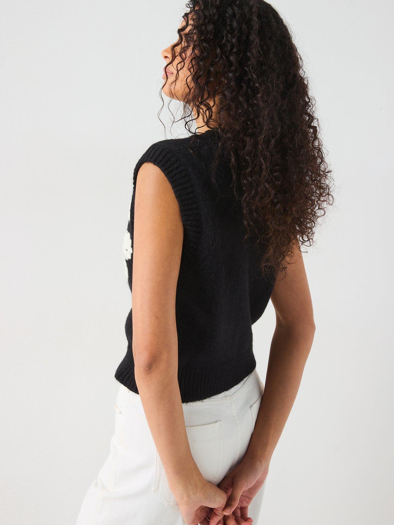  image of v-by-very-embroidered-flower-button-through-short-vest-black