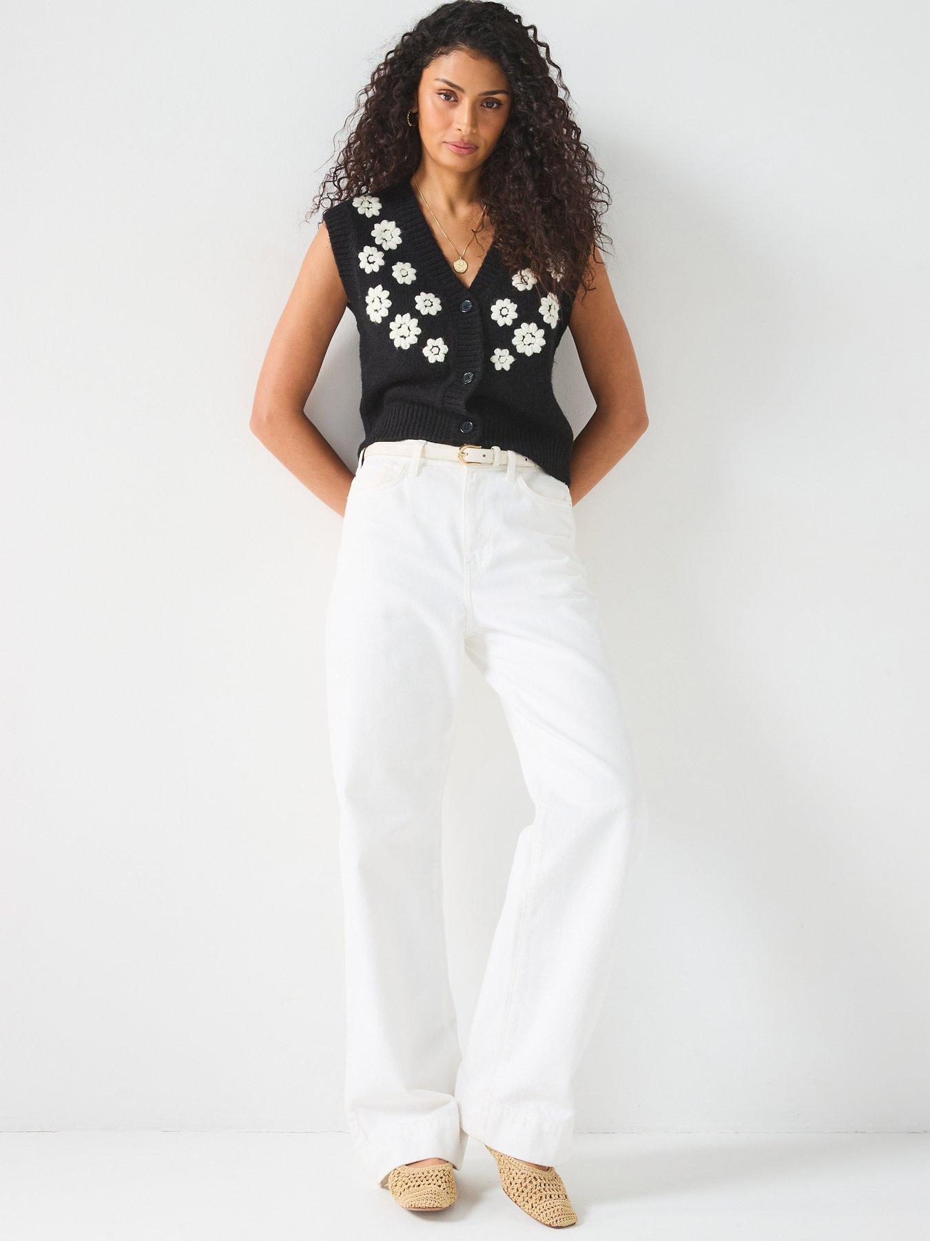  image of v-by-very-embroidered-flower-button-through-short-vest-black