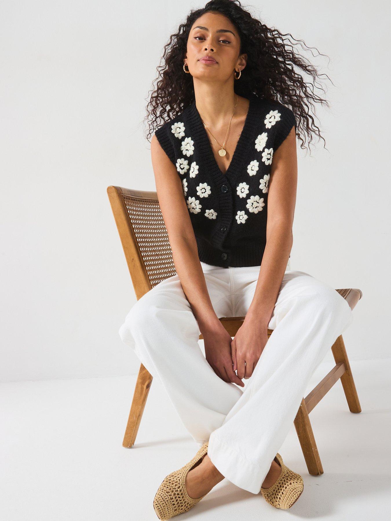  image of v-by-very-embroidered-flower-button-through-short-vest-black
