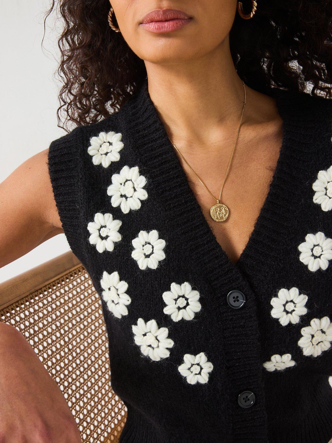  image of v-by-very-embroidered-flower-button-through-short-vest-black