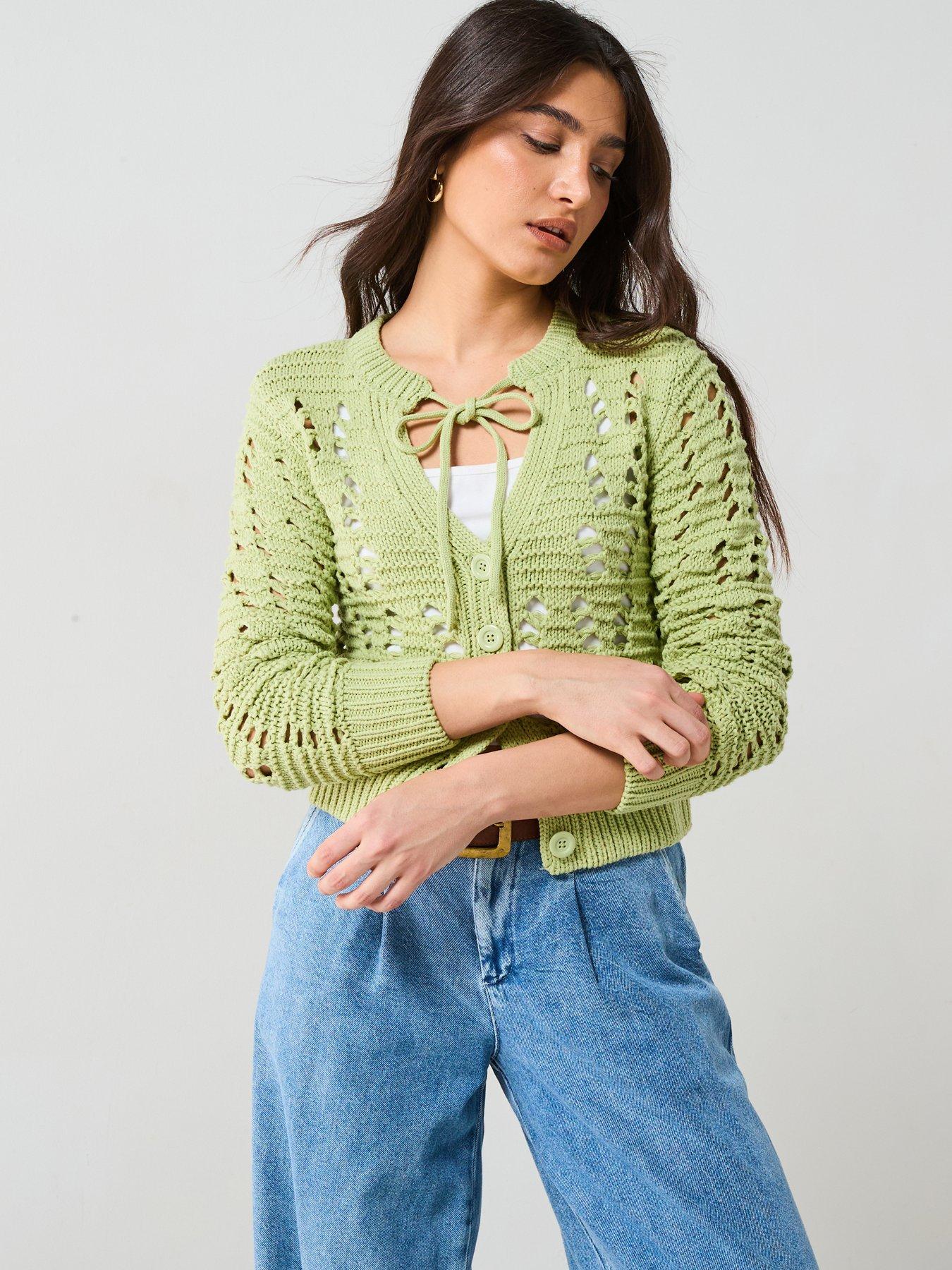 v-by-very-cotton-rich-tie-neck-stitch-detail-cardigan-green