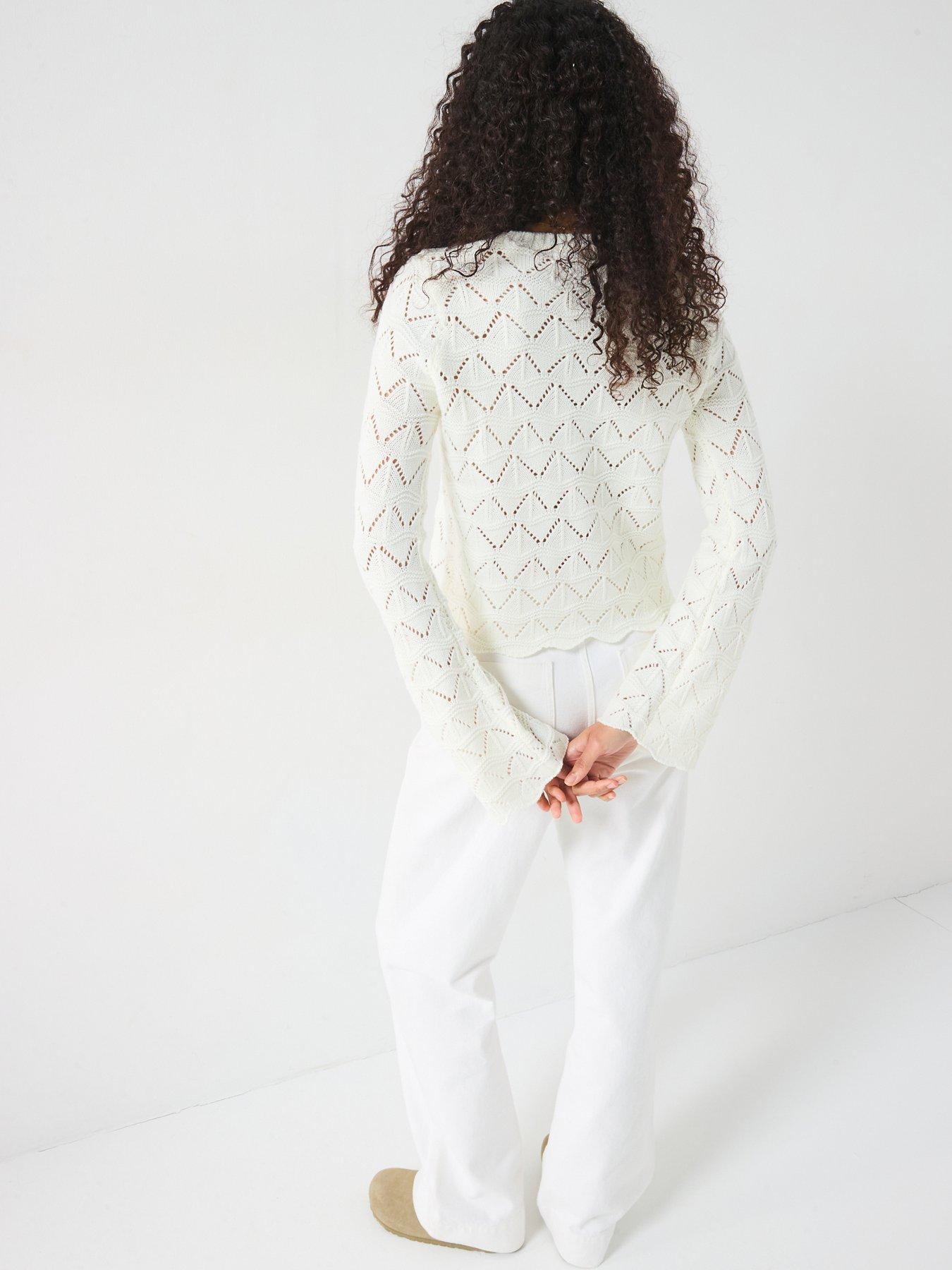 stillFront image of v-by-very-crew-neck-pointelle-short-jumper-cream