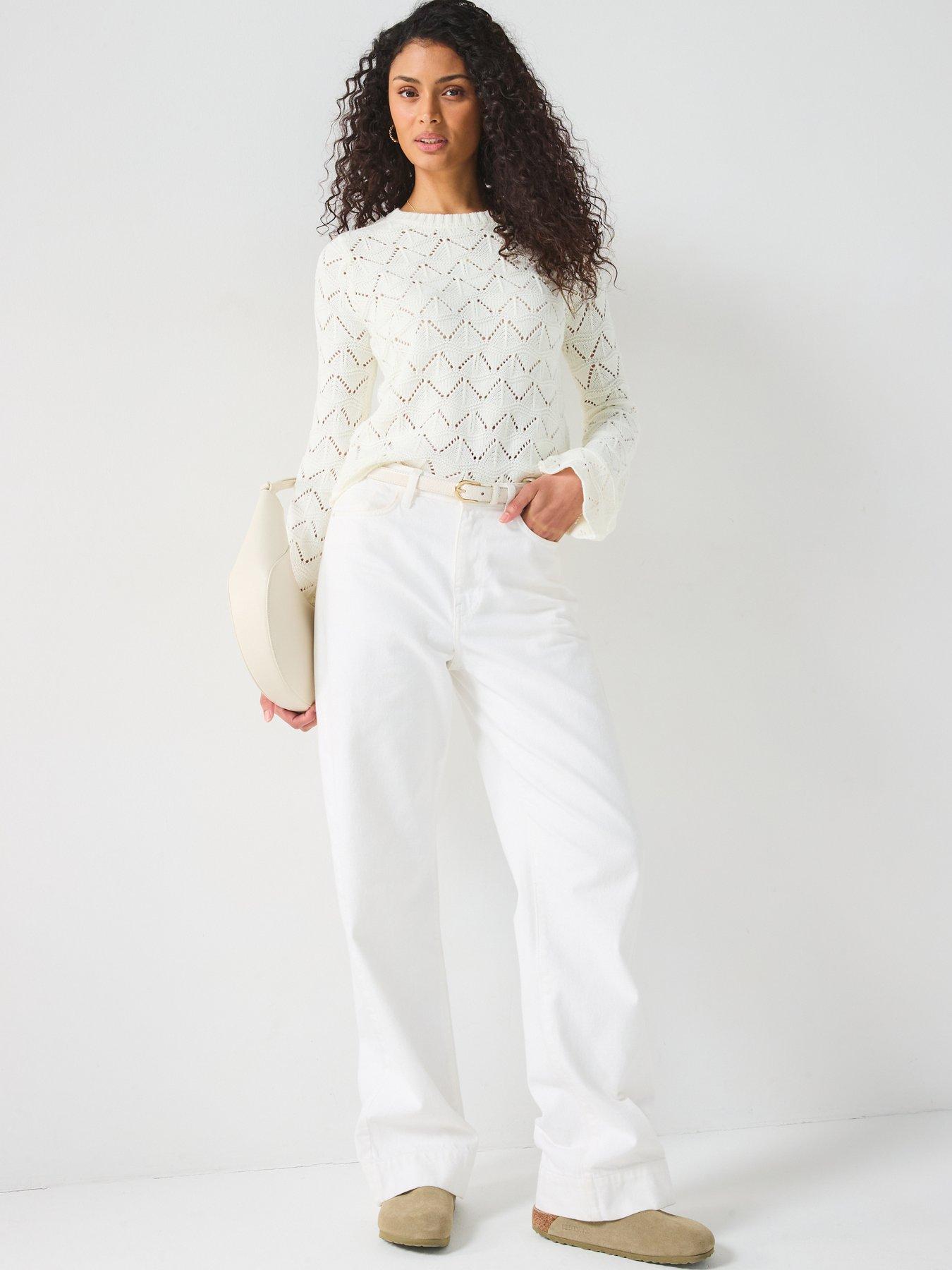  image of v-by-very-crew-neck-pointelle-short-jumper-cream