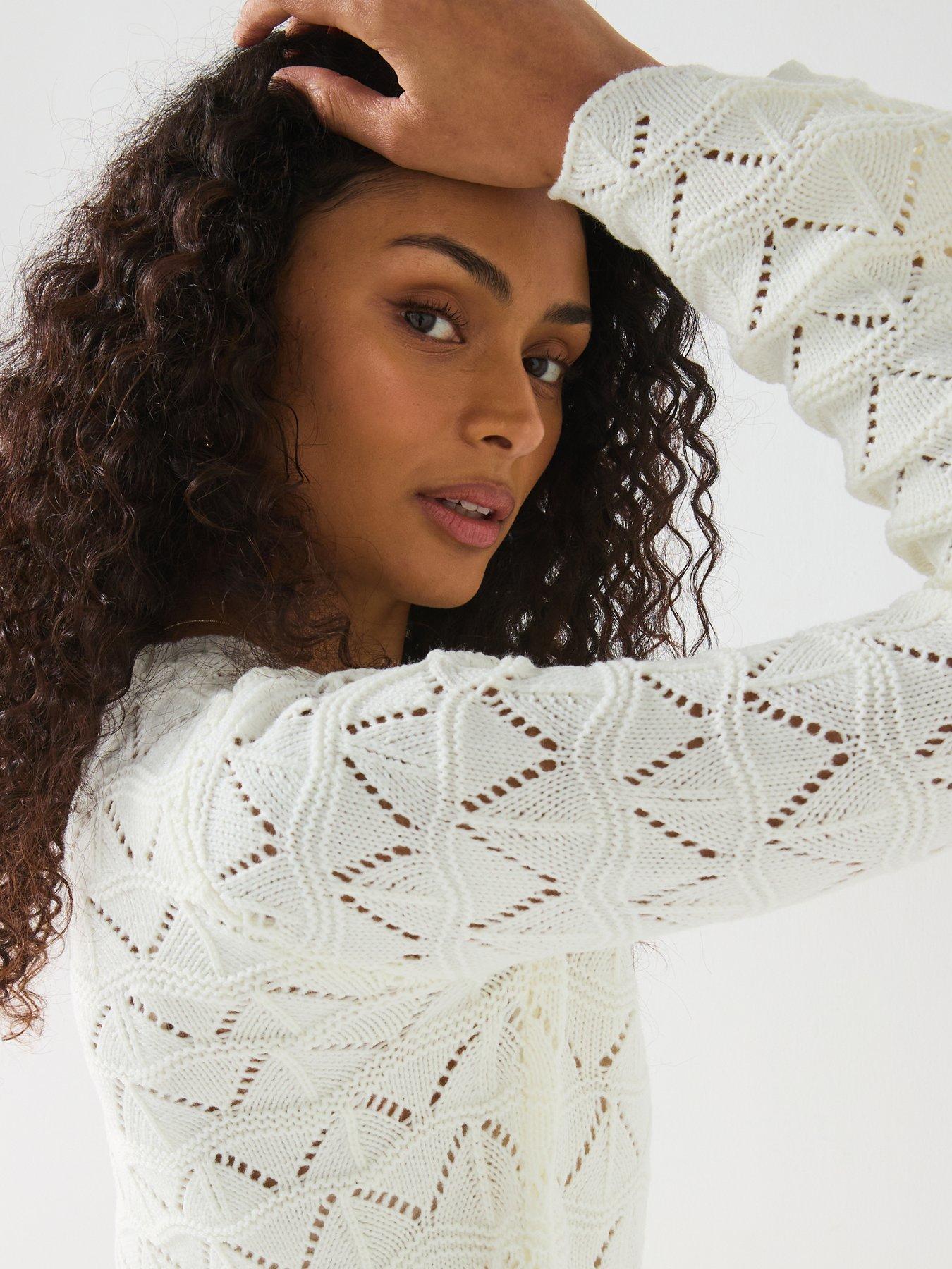  image of v-by-very-crew-neck-pointelle-short-jumper-cream