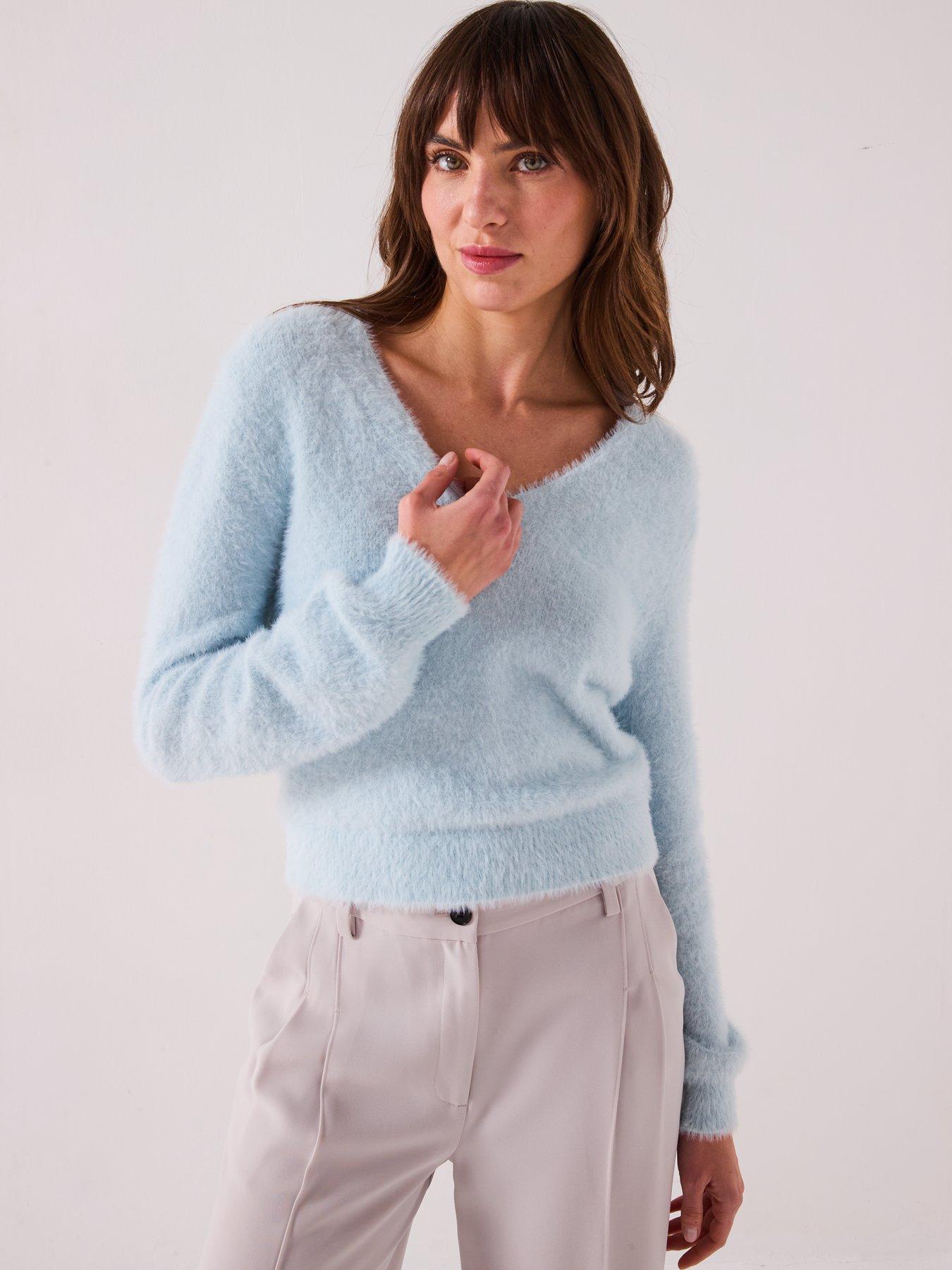 undefined Fluffy V Neck Short Jumper - Blue