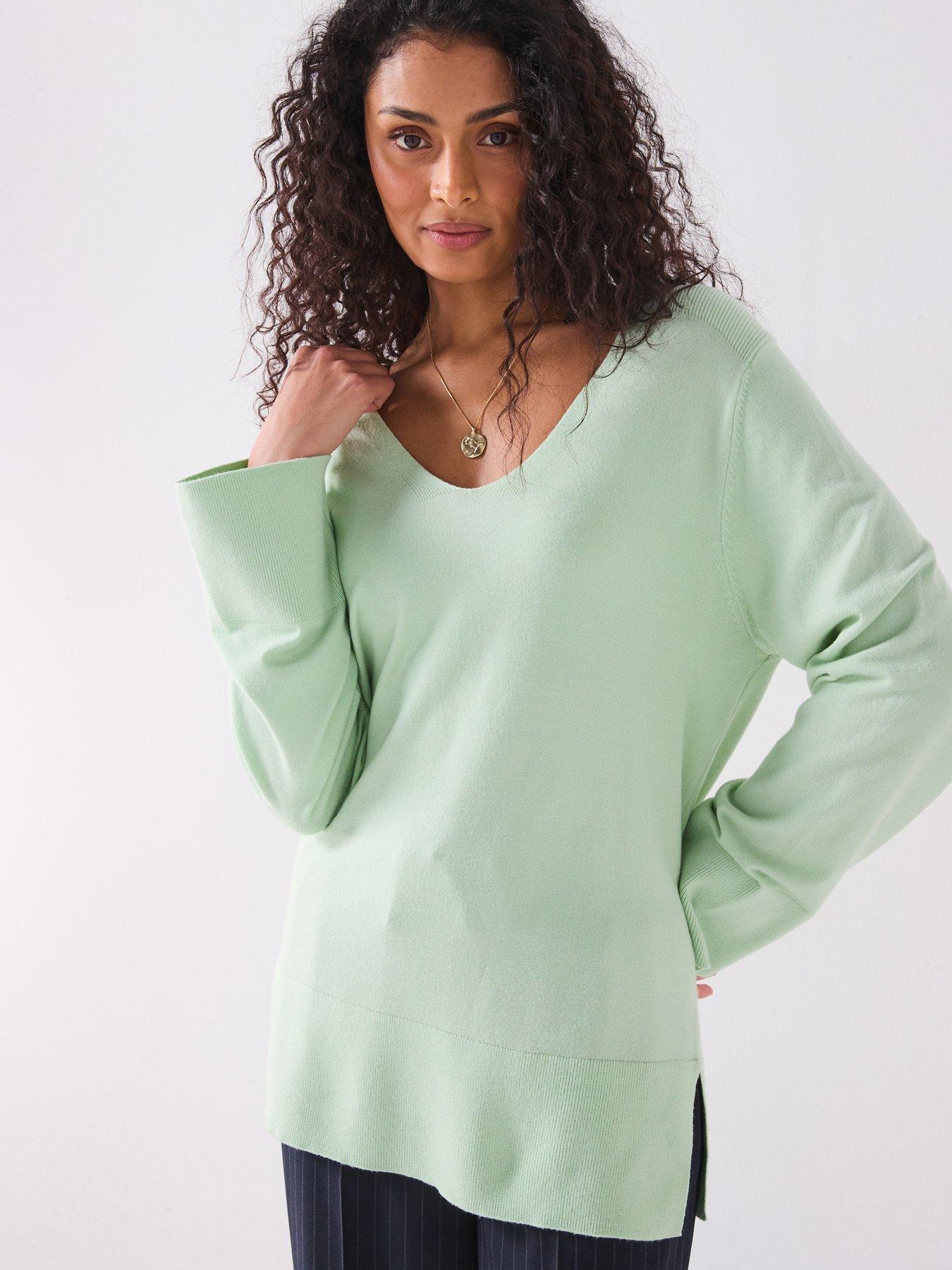 everyday-longline-rib-detail-v-neck-jumper-light-green