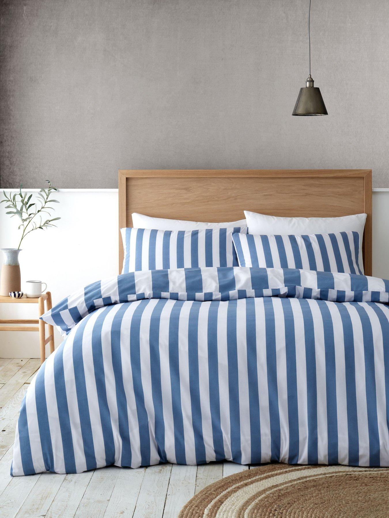  image of catherine-lansfield-cove-stripe-blue-reversible-duvet-cover-set