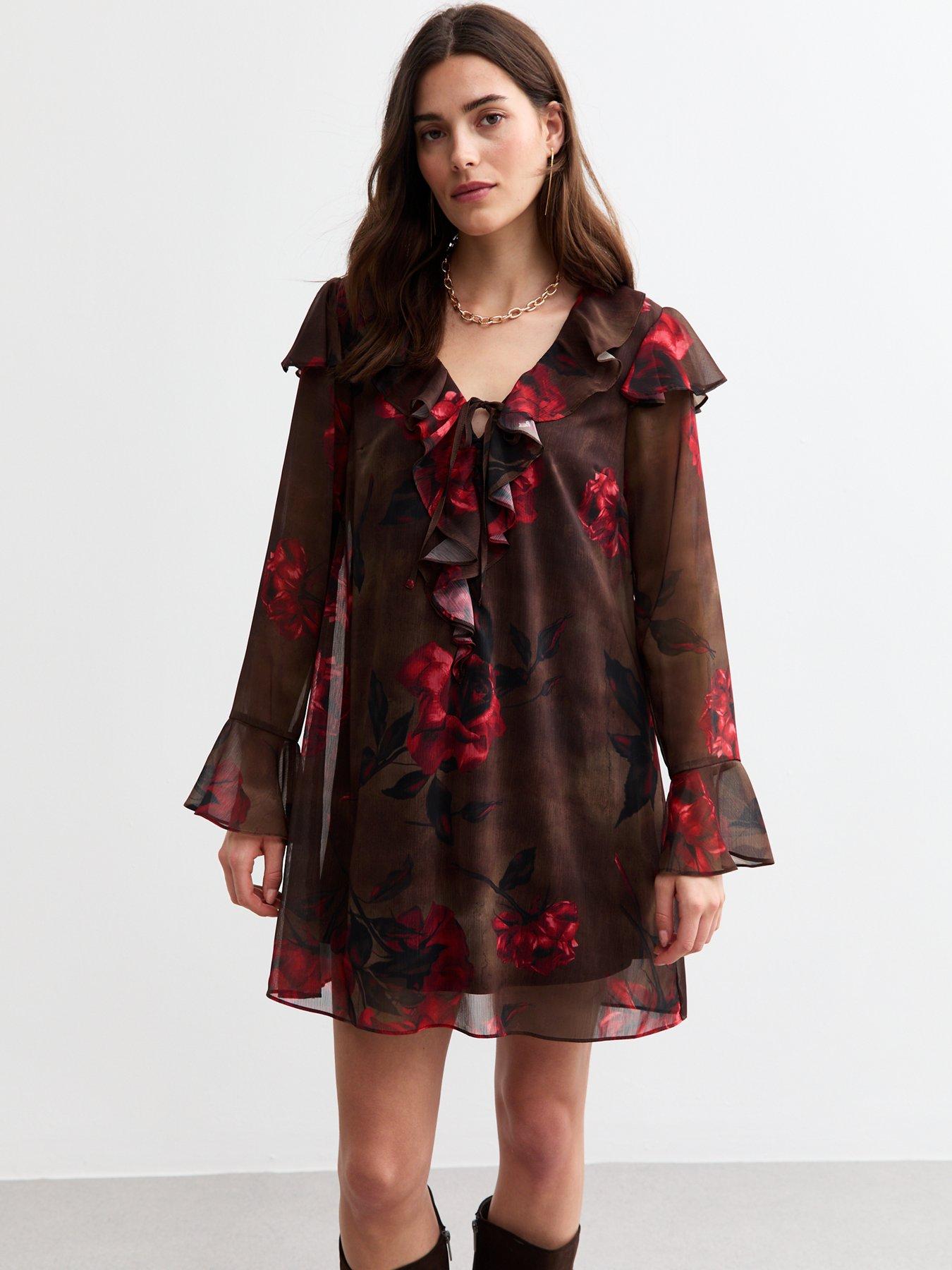 undefined Ruffle Trim Long Sleeve Rose Print Mini Dress - Brown