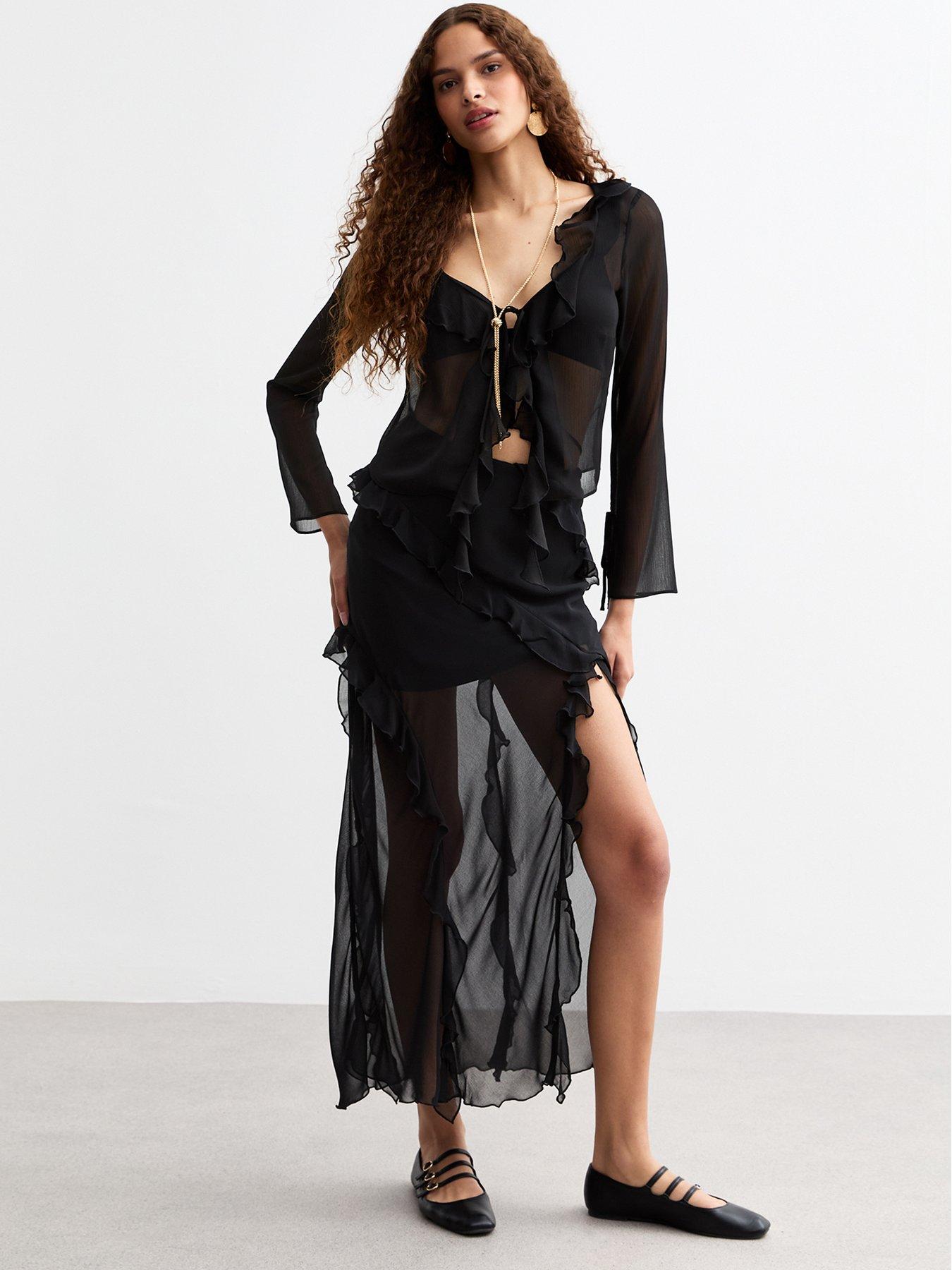 undefined Sheer Chiffon Ruffle Trim Maxi Skirt - Black