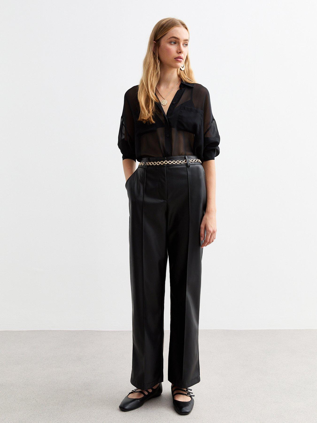 undefined Leather-Look Pintuck Wide Leg Tailored Trousers - Black