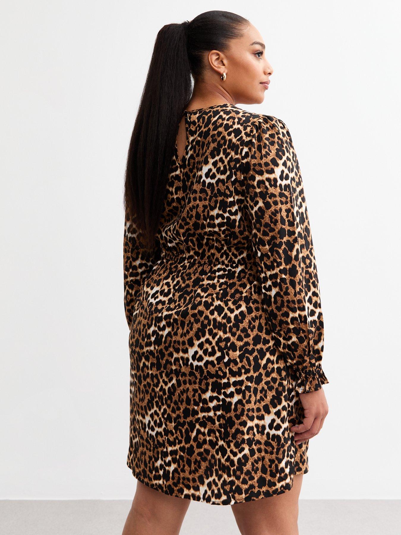  image of new-look-curves-leopard-print-long-sleeve-mini-dress-brown