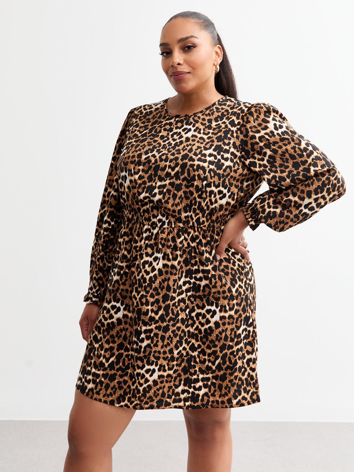  image of new-look-curves-leopard-print-long-sleeve-mini-dress-brown