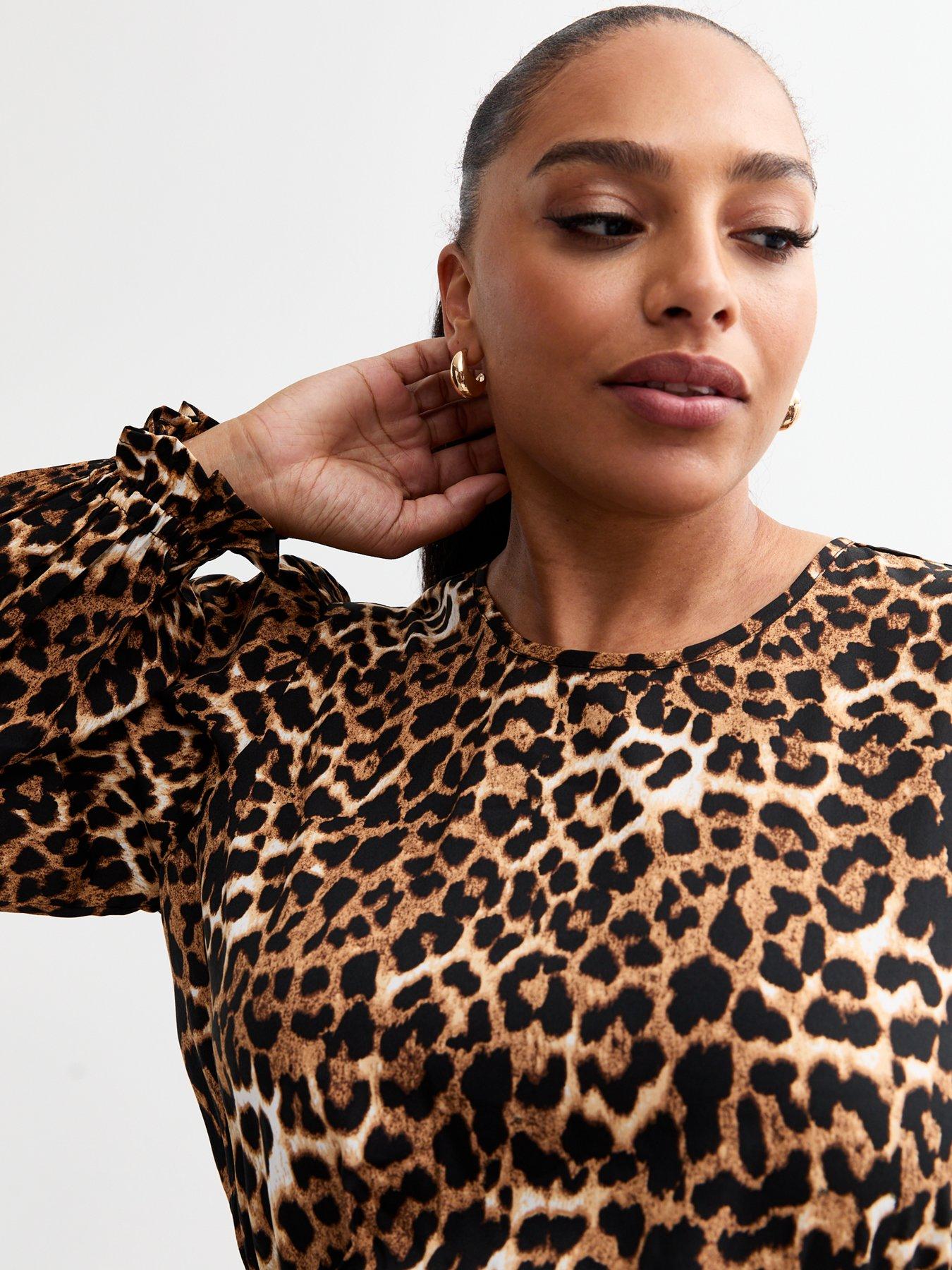  image of new-look-curves-leopard-print-long-sleeve-mini-dress-brown