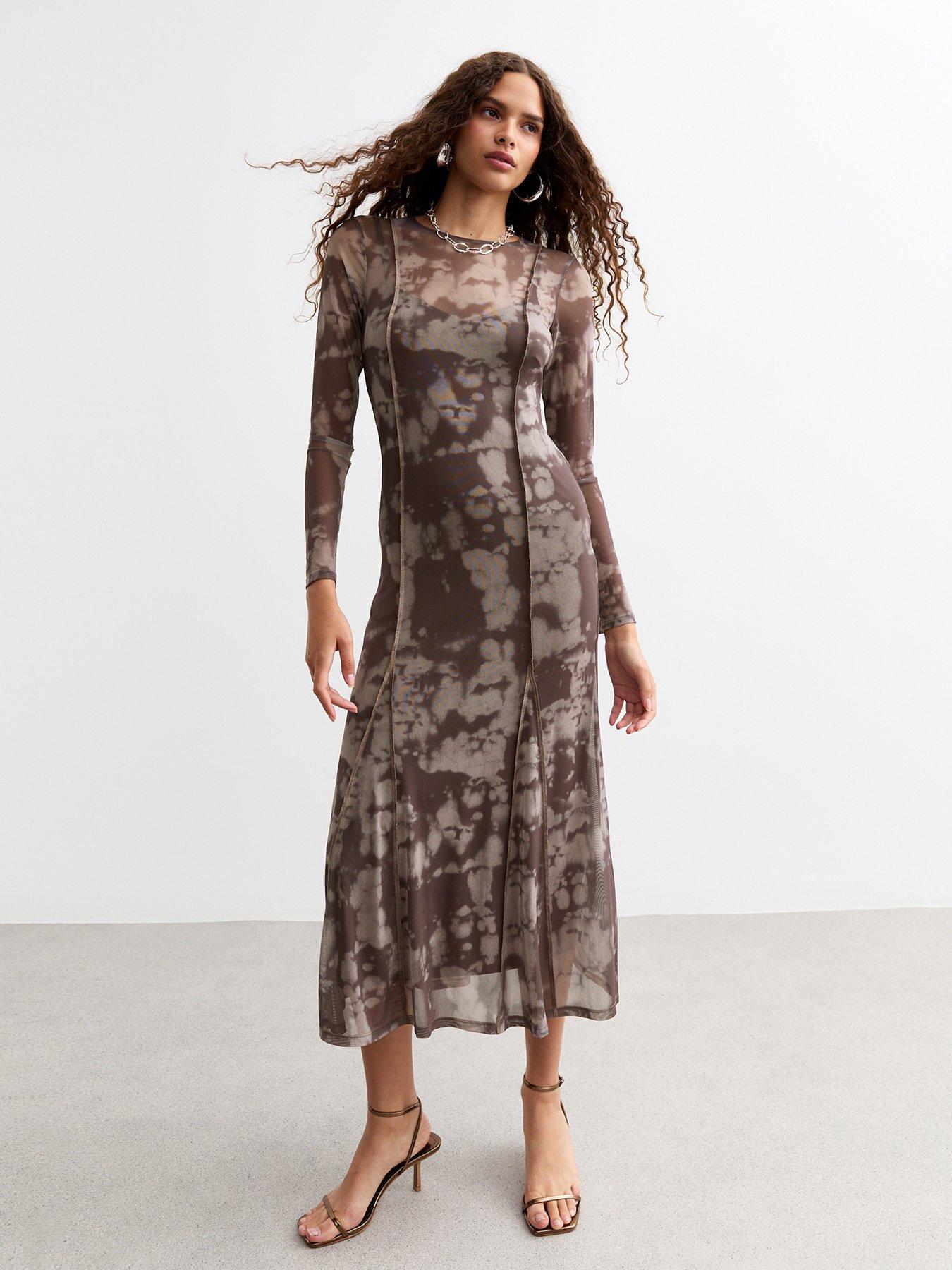 undefined Tall Abstract Print Mesh Godet Midi Dress - Brown