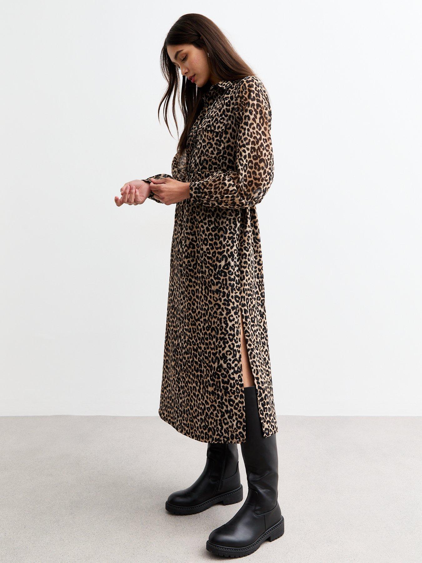 undefined Brown Leopard Chiffon Midi Dress - Print