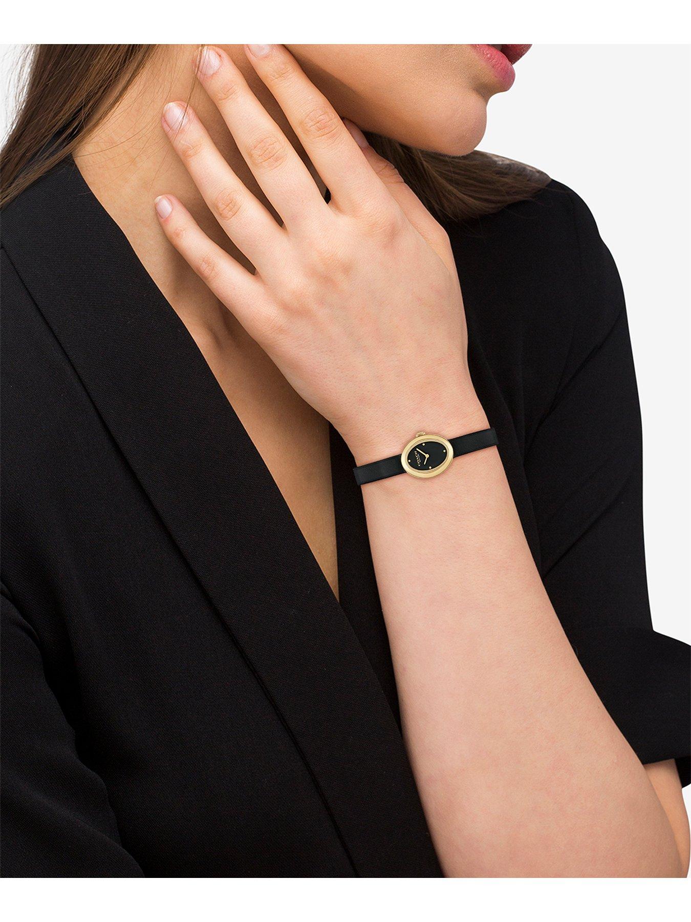 COACH Ladies Sammy 22mm Oval Gold IP Black Leather Watch 
