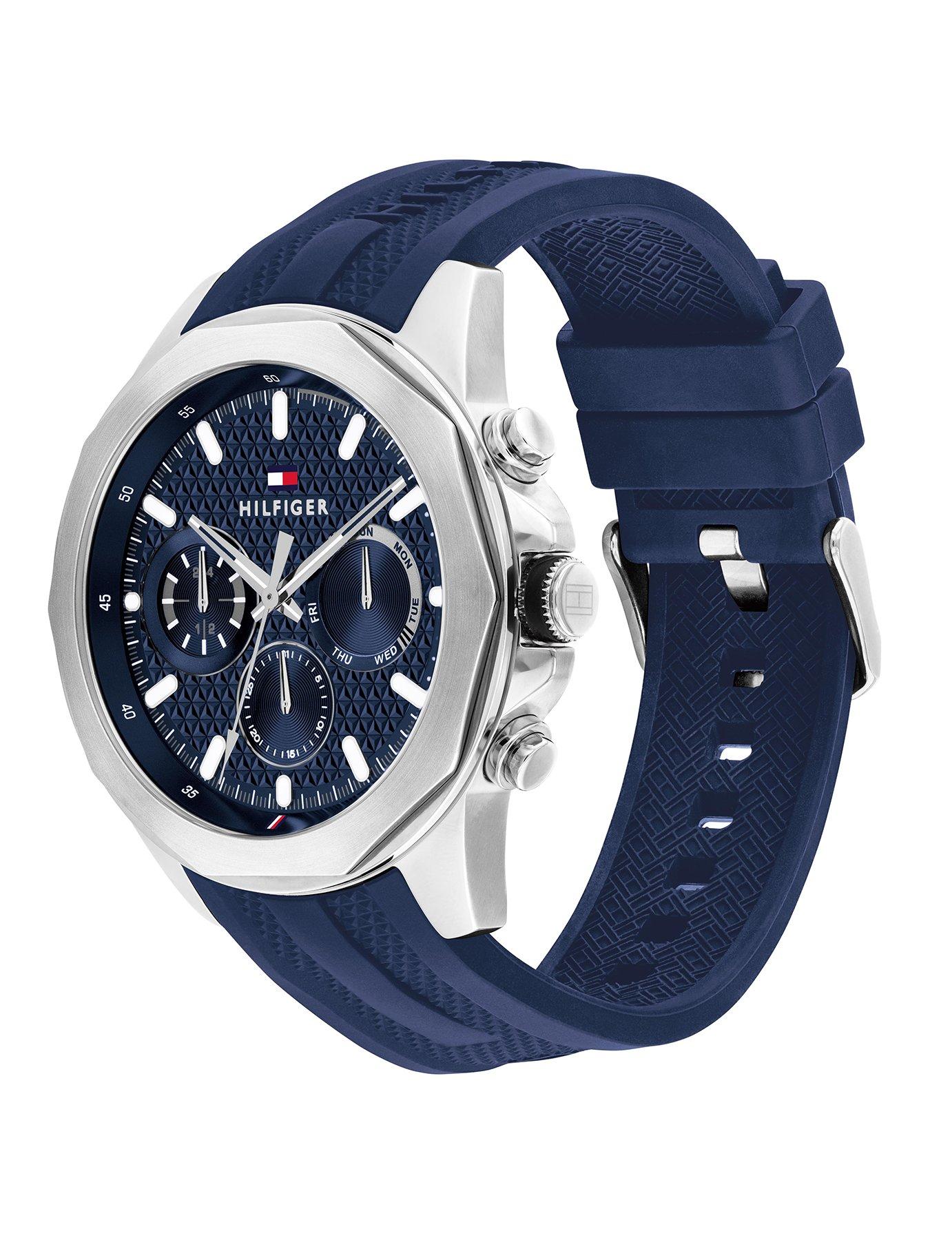  image of tommy-hilfiger-mens-blue-ip-silicone-strap-watch