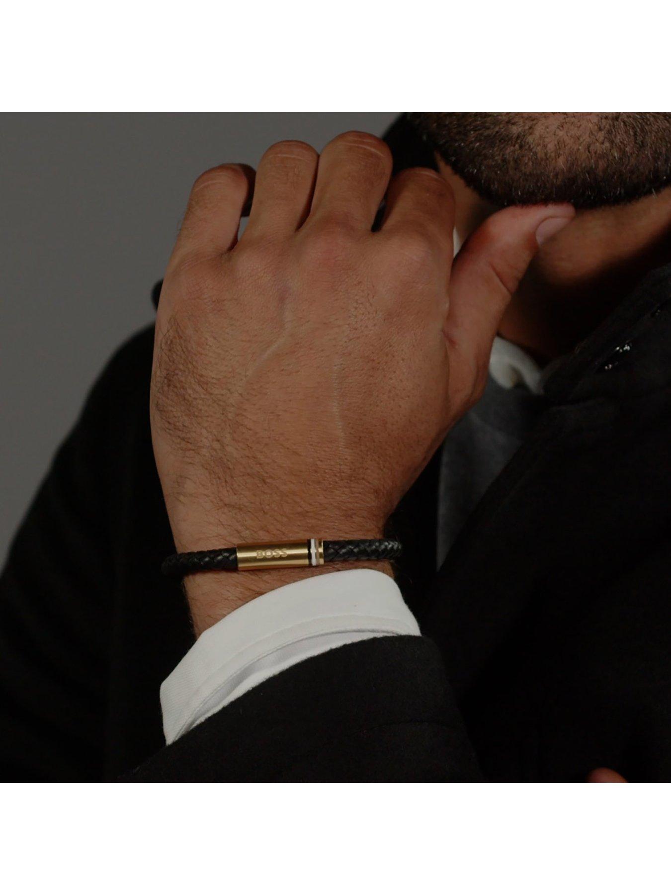 Image 4 of 5 of BOSS Gents Ares Single Braided Black Leather Bracelet