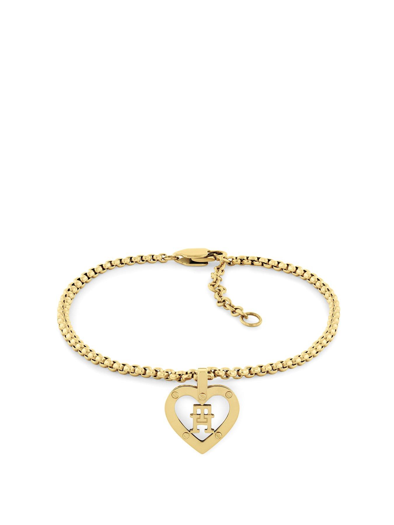  image of tommy-hilfiger-womens-gold-plated-bracelet-with-th-monogram-heart-pendant