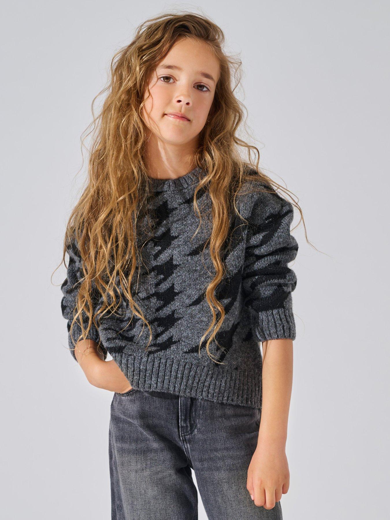 Image 2 of 3 of Only Kids Girls Houndstooth Knitted Jumper - Dark Grey