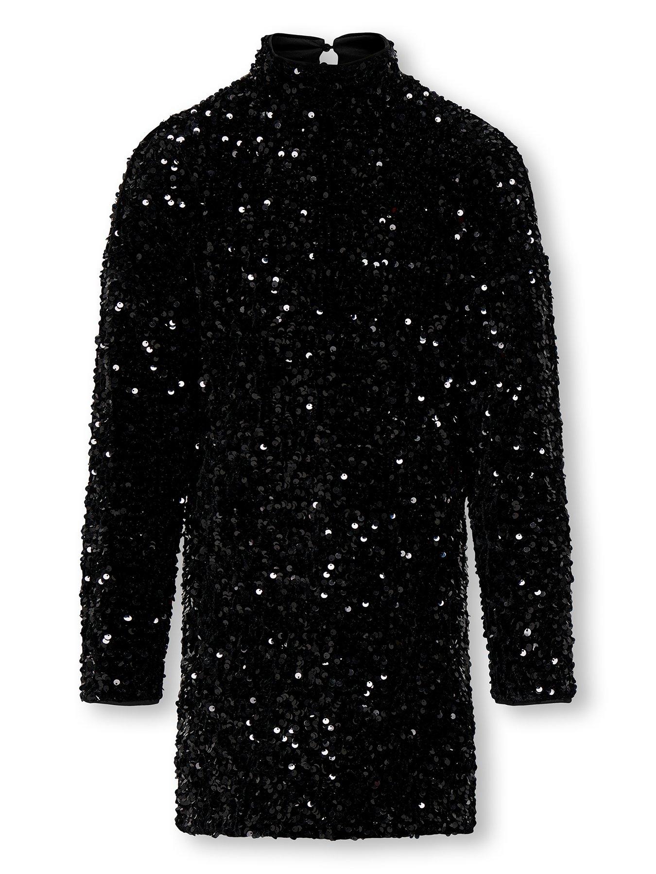 front image of only-kids-girls-sequin-long-sleeve-dress-black