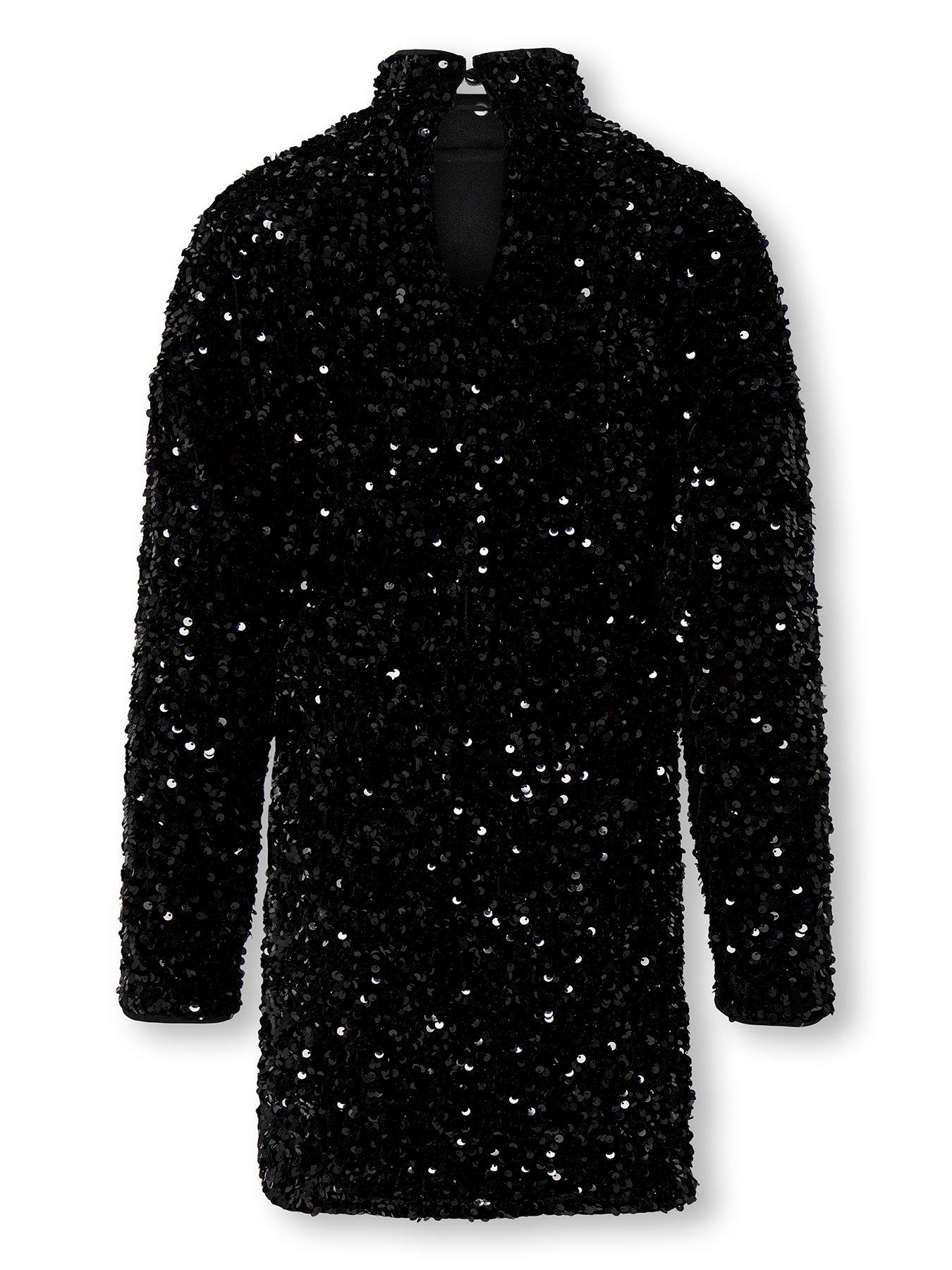  image of only-kids-girls-sequin-long-sleeve-dress-black