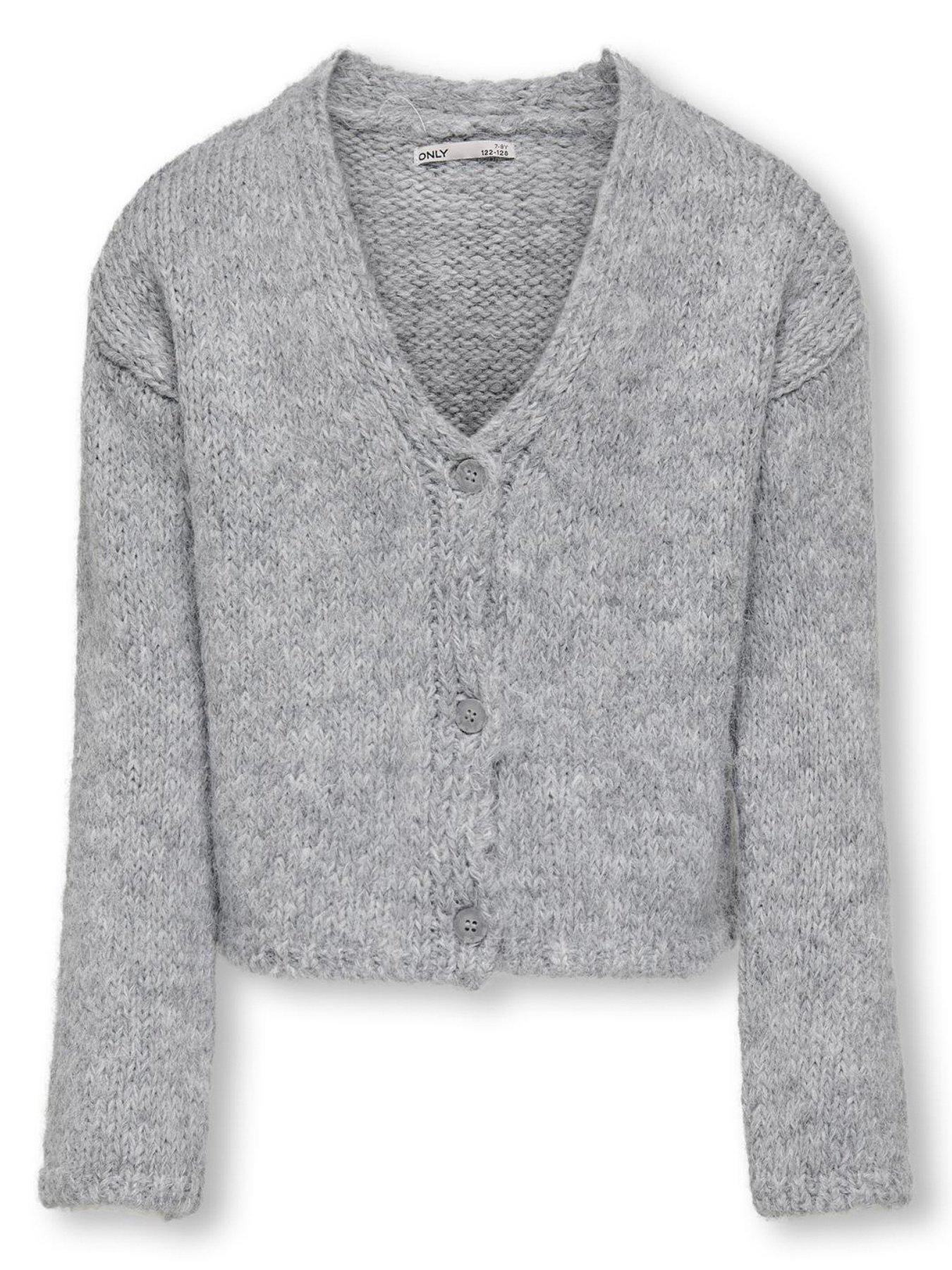 undefined Girls V Neck Cardigan - Light Grey Melange