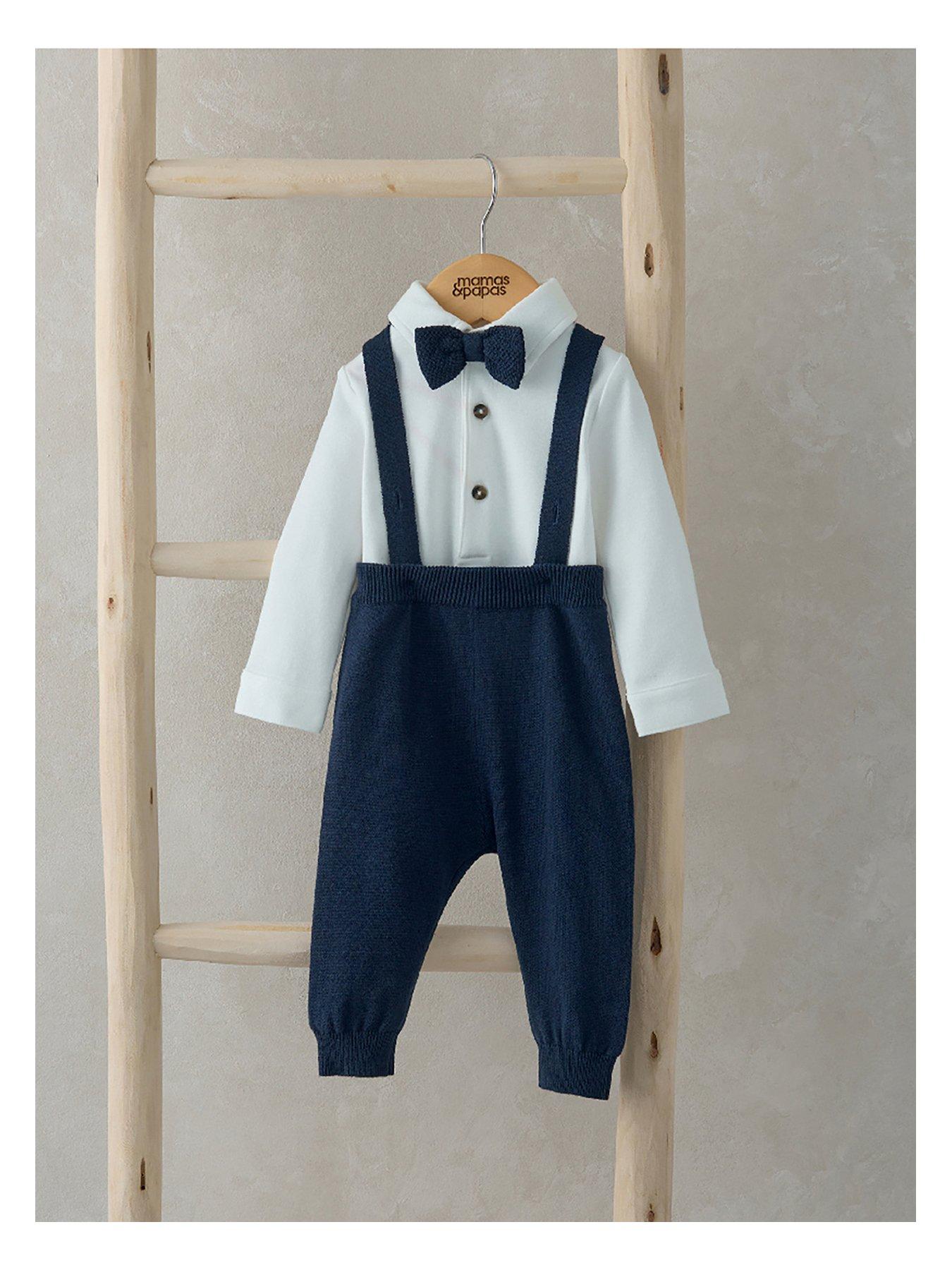 Mamas & Papas Baby Boys 3 Piece Knitted Dungarees  &  Bodysuit Set - Blue