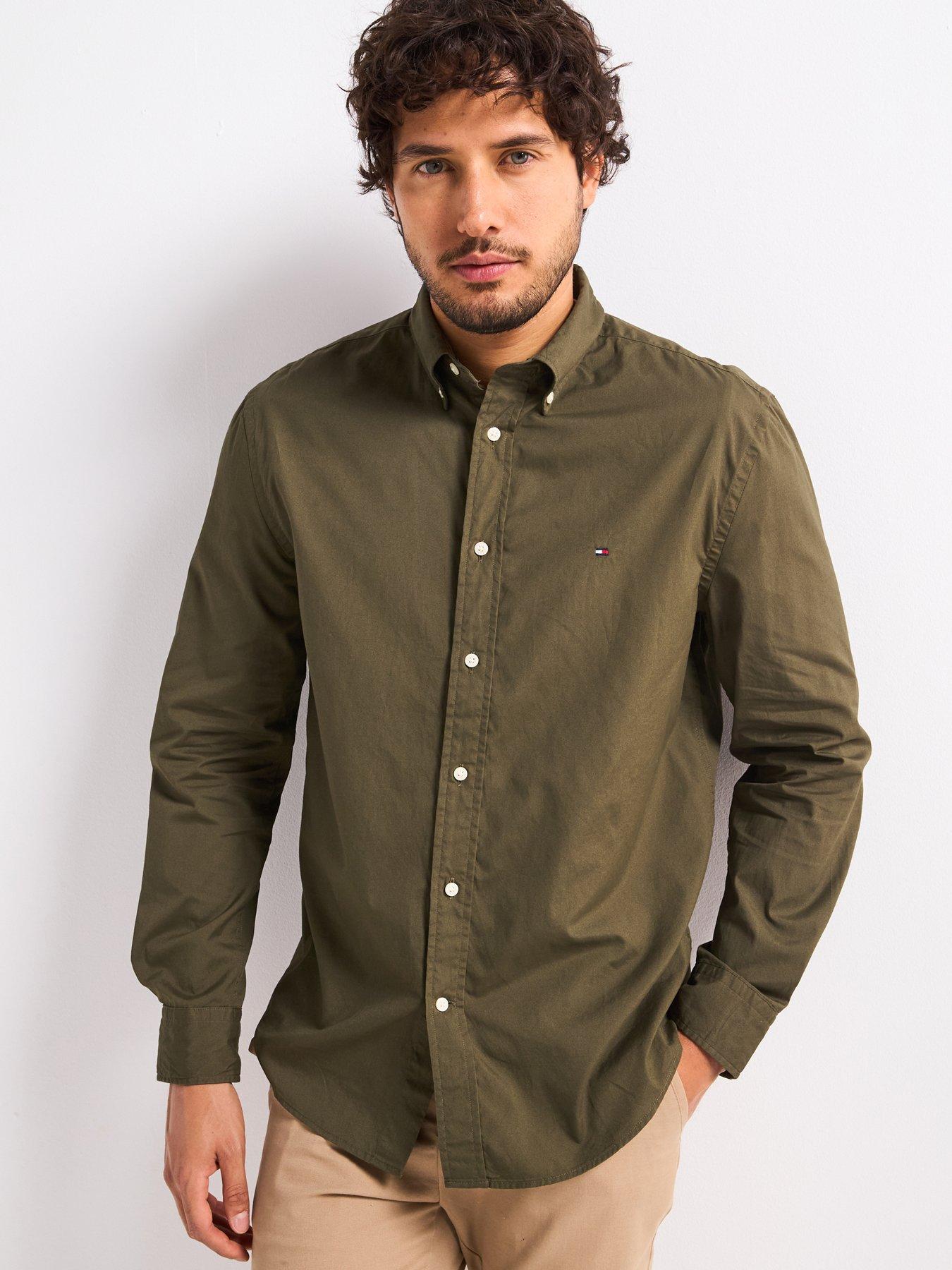  image of tommy-hilfiger-regular-fit-flex-poplin-solid-flag-logo-shirt-khaki