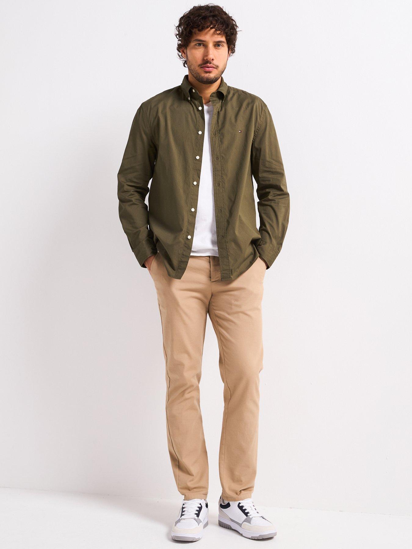 image of tommy-hilfiger-regular-fit-flex-poplin-solid-flag-logo-shirt-khaki