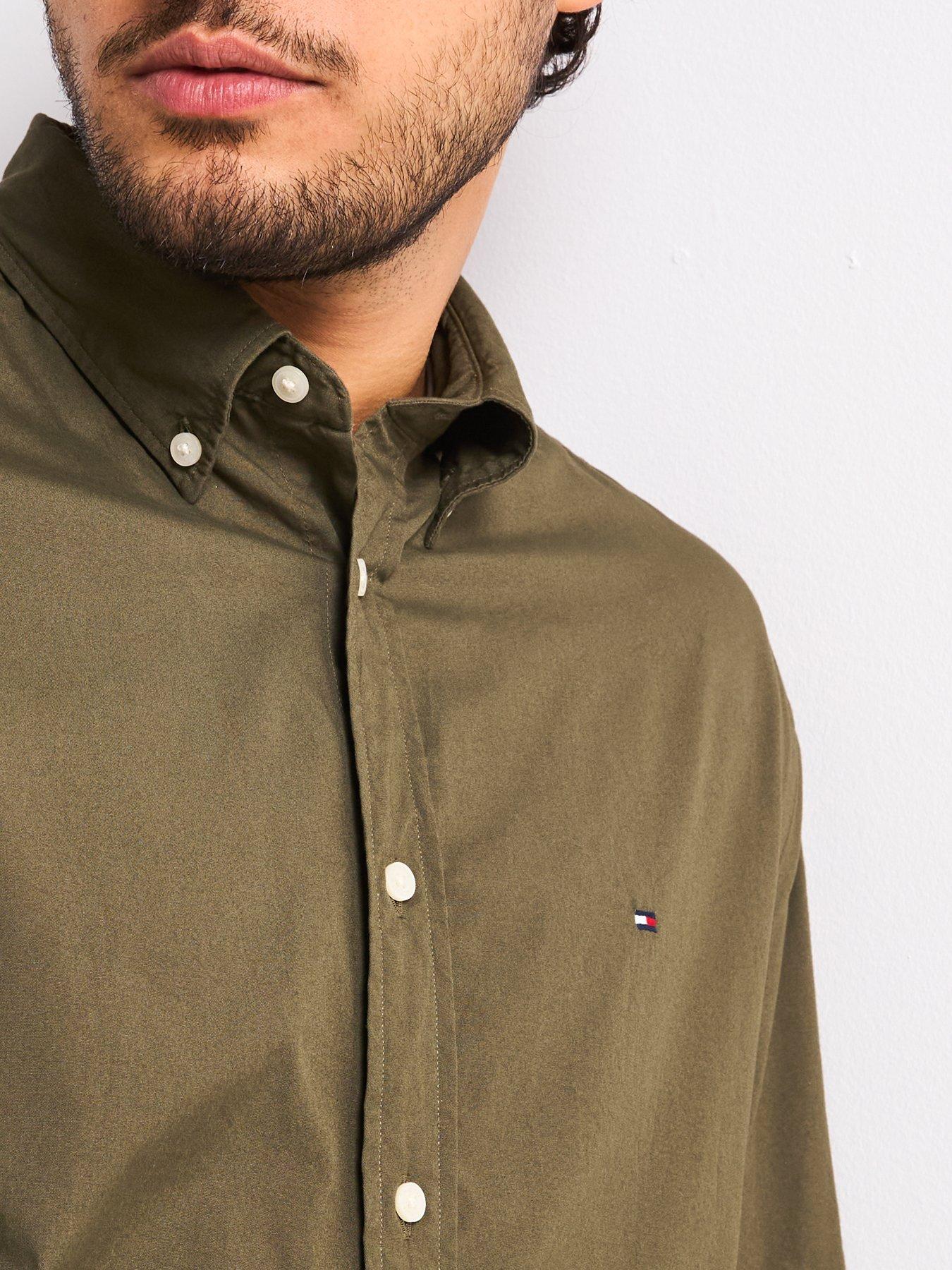  image of tommy-hilfiger-regular-fit-flex-poplin-solid-flag-logo-shirt-khaki