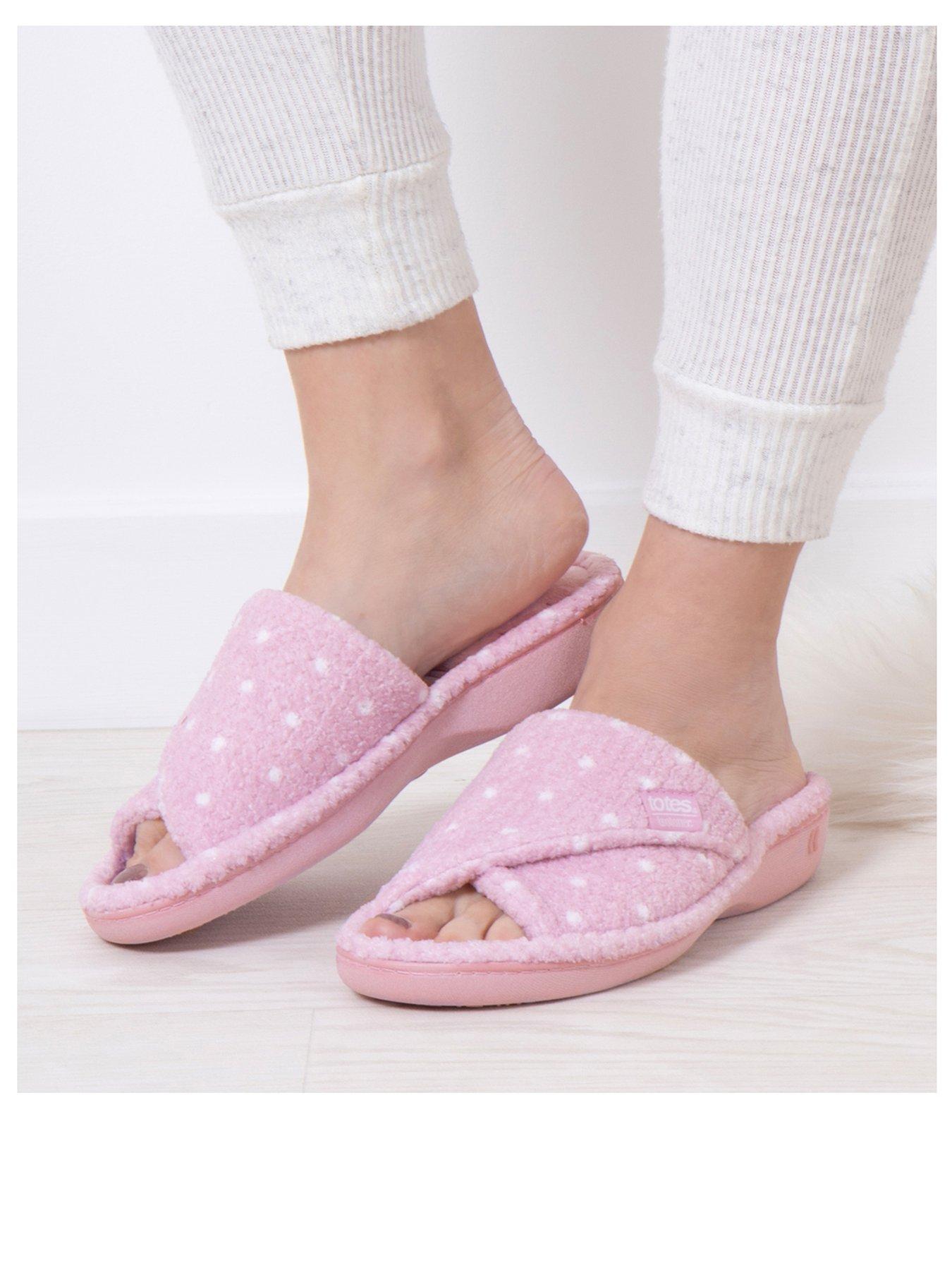 image of totes-isotoner-popcorn-turnover-open-toe-slider-slippers-pink-spot