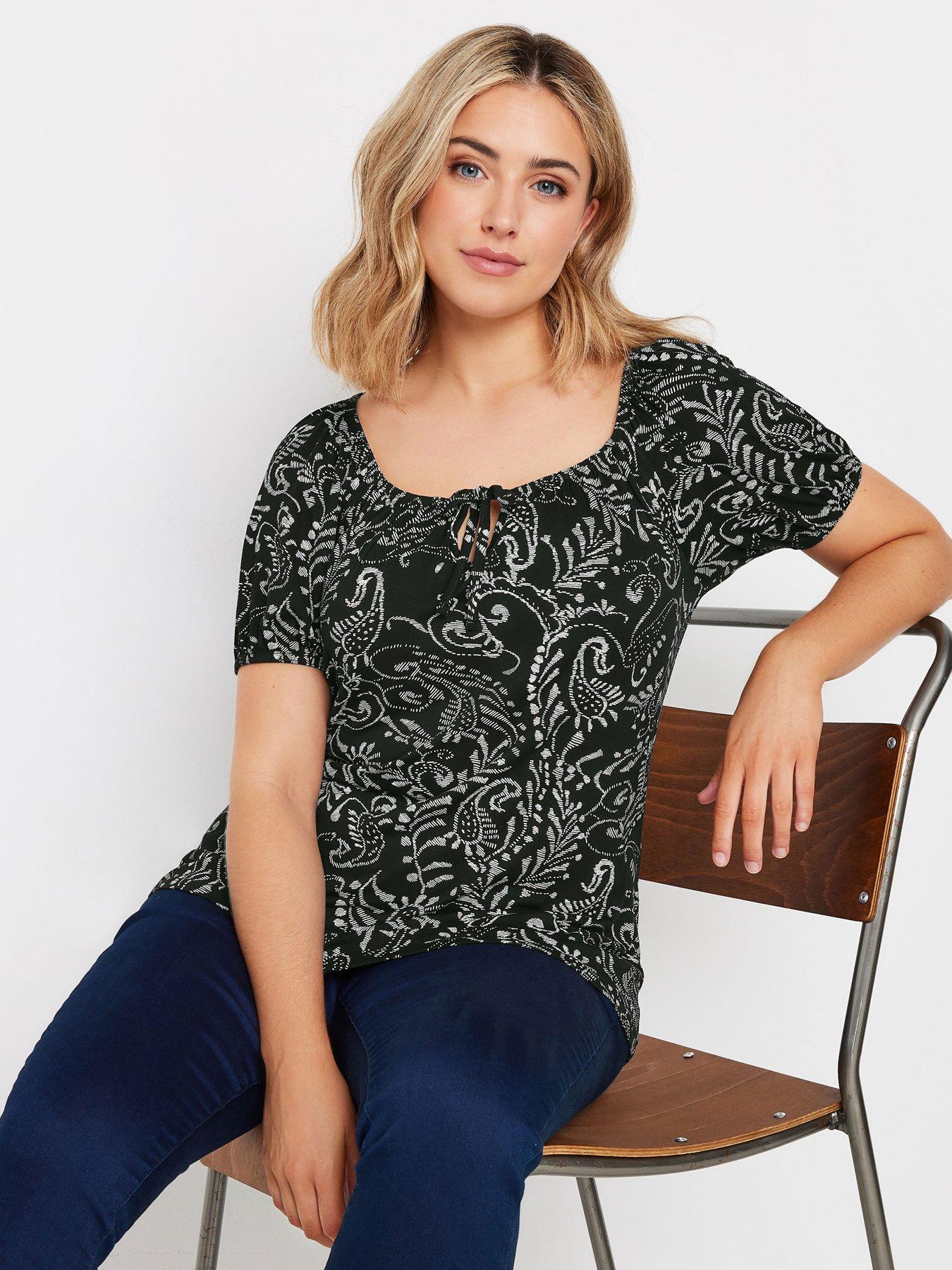 undefined Short Sleeve Printed Gypsy Top - Multi - Black