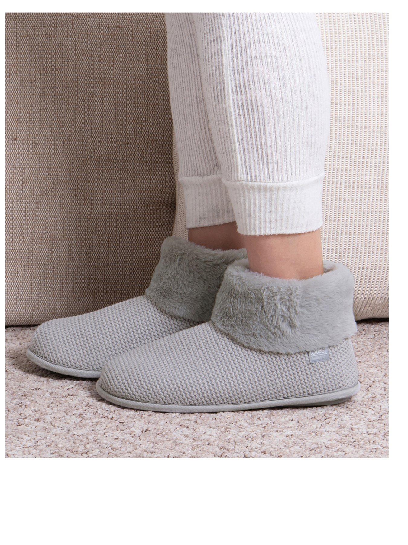  image of totes-isotoner-knit-boot-with-faux-fur-cuff-slippers-grey