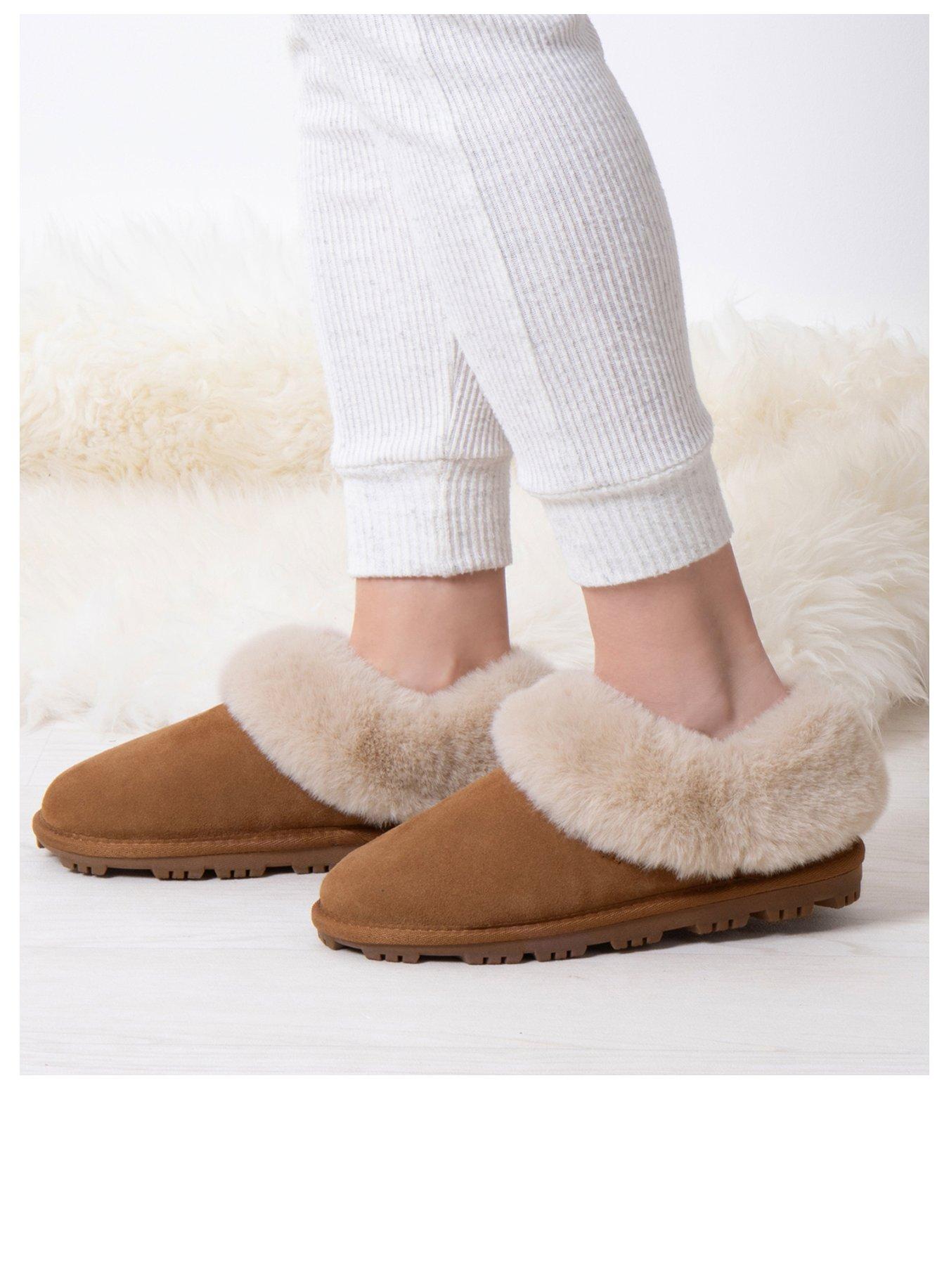  image of totes-isotoner-real-suede-bootie-wfur-cuff-slippers-tan