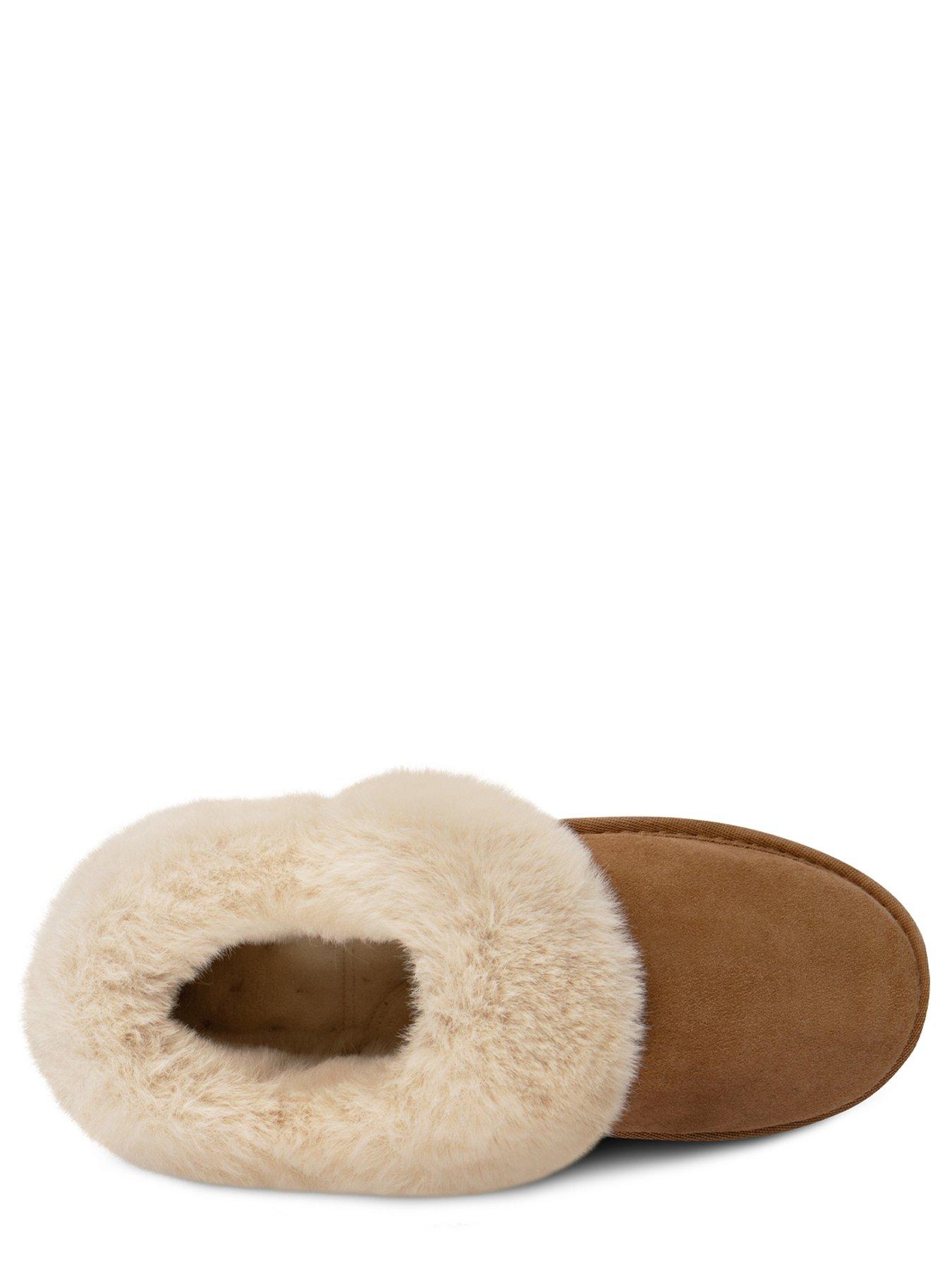  image of totes-isotoner-real-suede-bootie-wfur-cuff-slippers-tan