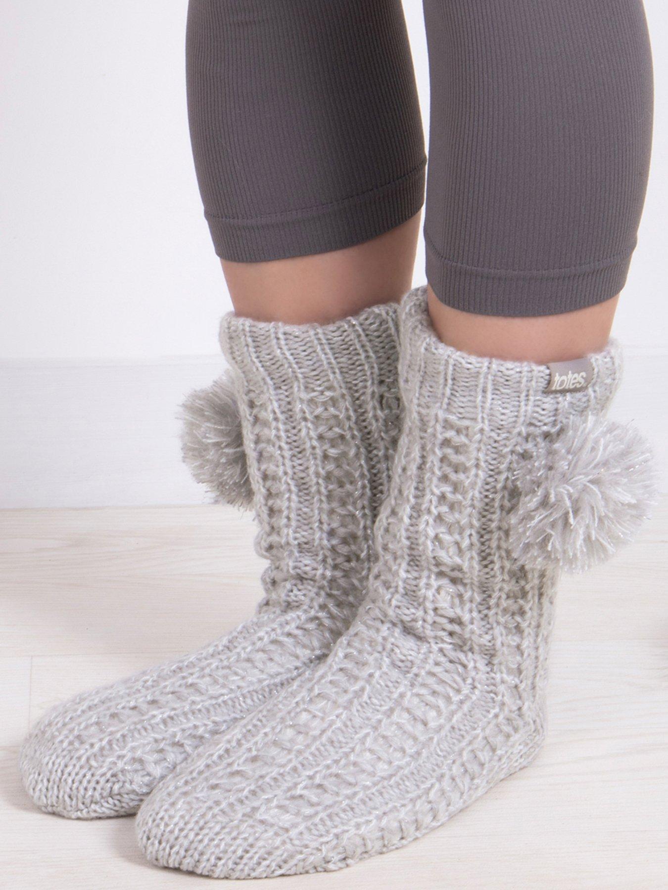  image of totes-luxury-sparkle-slipper-socks-with-pom-grey