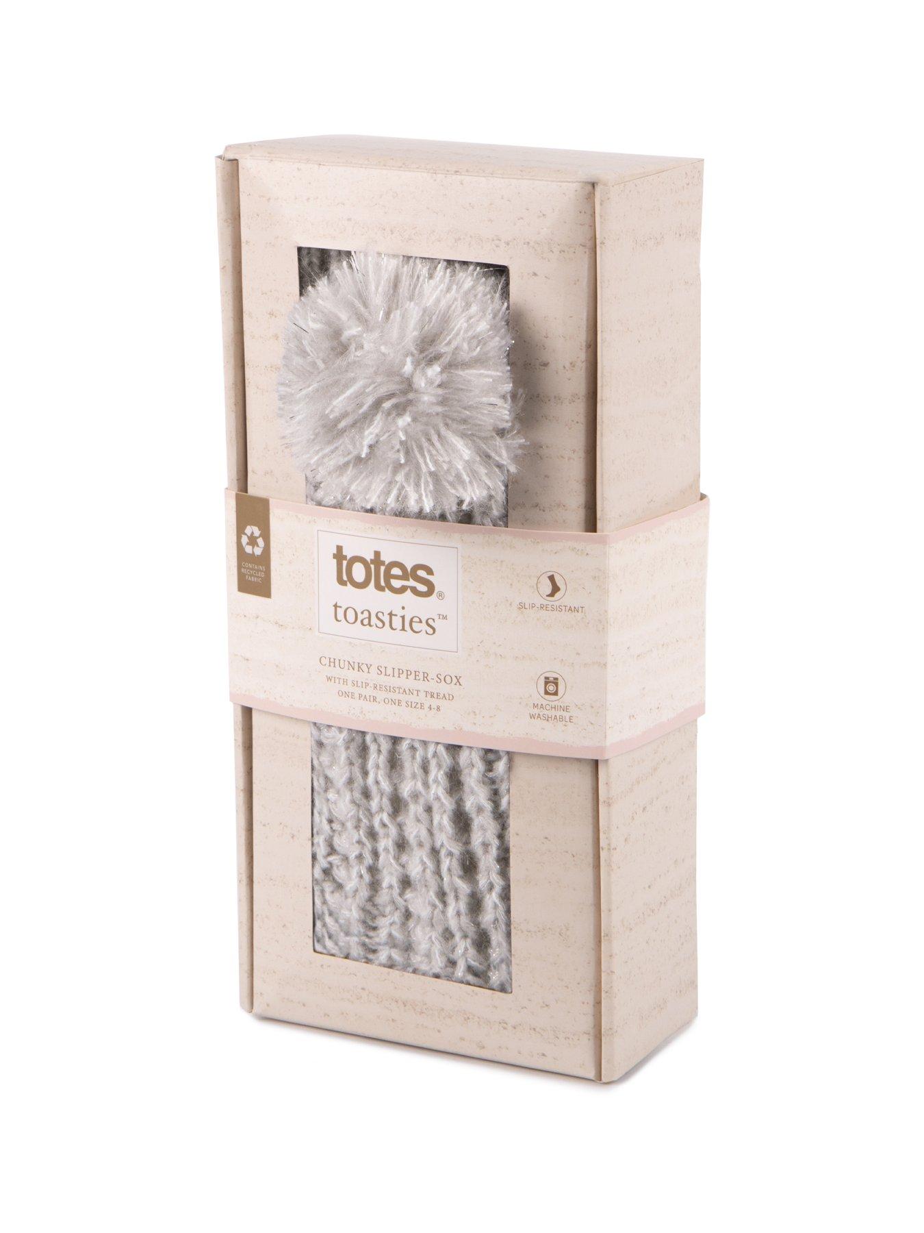  image of totes-luxury-sparkle-slipper-socks-with-pom-grey