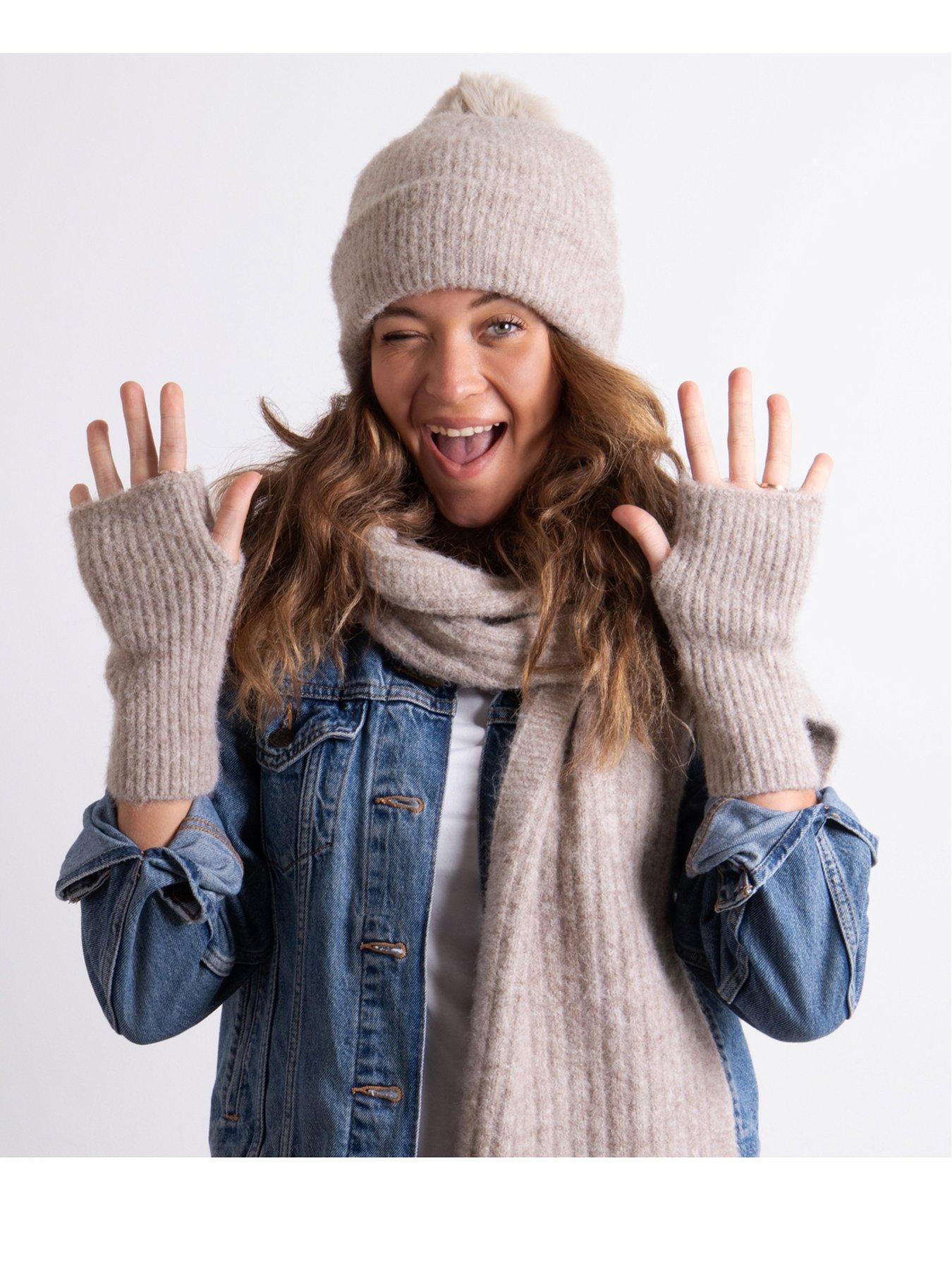  image of totes-knitted-hat-scarf-and-armwarmer-set-beige