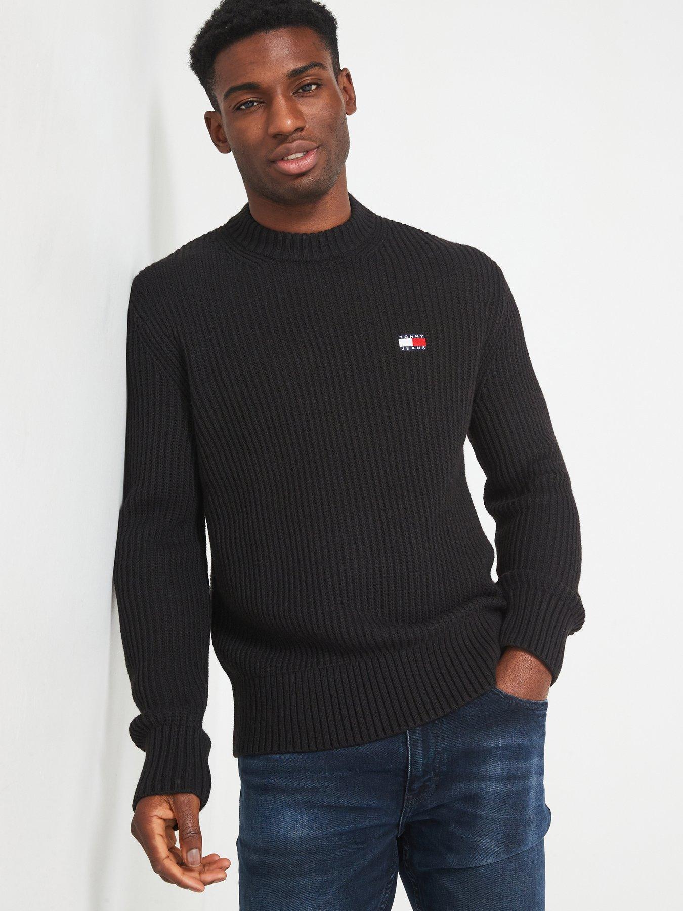  image of tommy-jeans-regular-fit-badge-textured-crew-neck-knitted-jumper-black