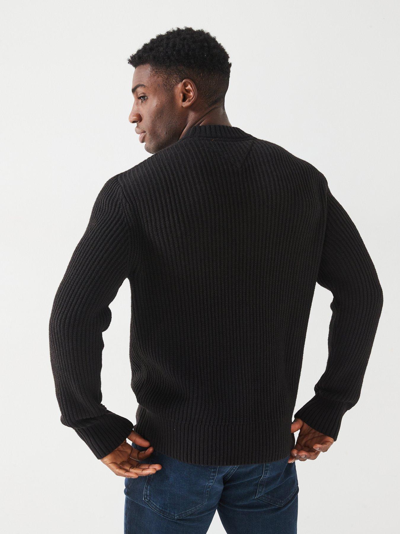  image of tommy-jeans-regular-fit-badge-textured-crew-neck-knitted-jumper-black