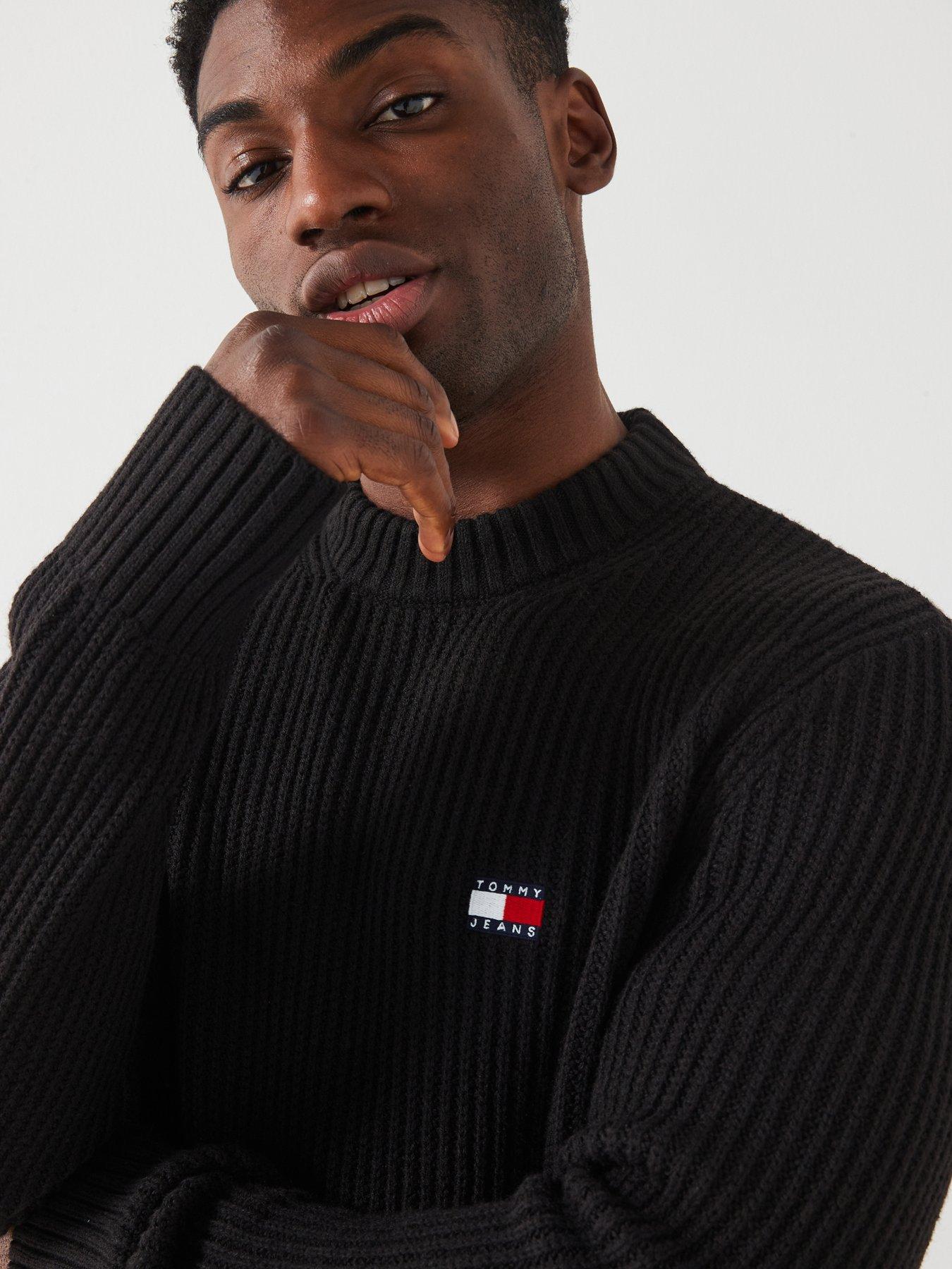  image of tommy-jeans-regular-fit-badge-textured-crew-neck-knitted-jumper-black