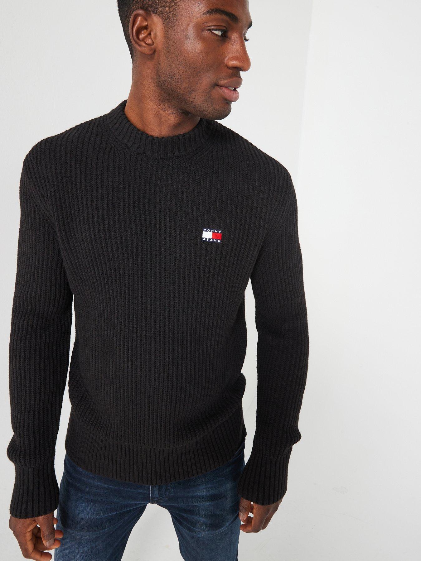  image of tommy-jeans-regular-fit-badge-textured-crew-neck-knitted-jumper-black