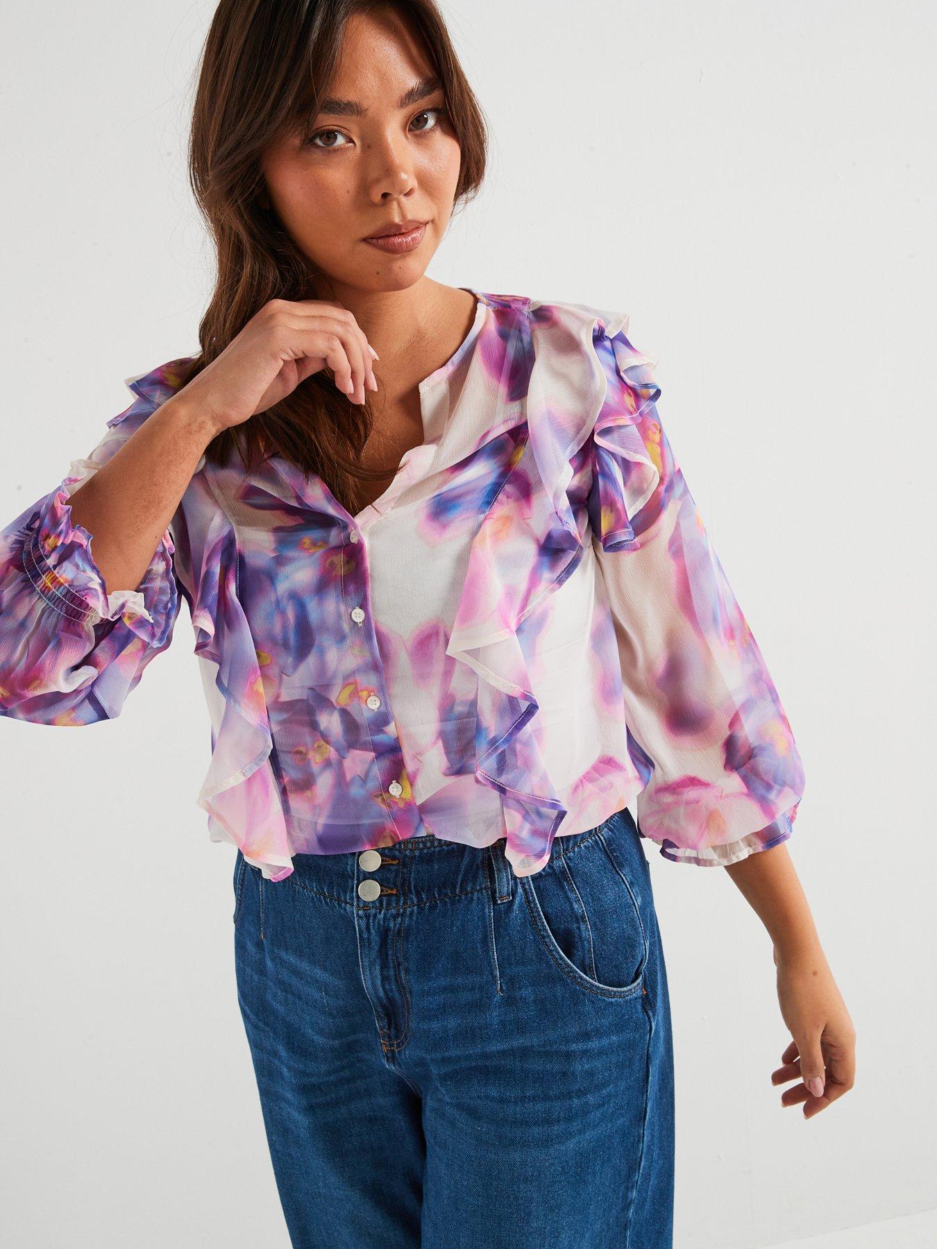  image of v-by-very-curve-ruffled-blouse-floral-print