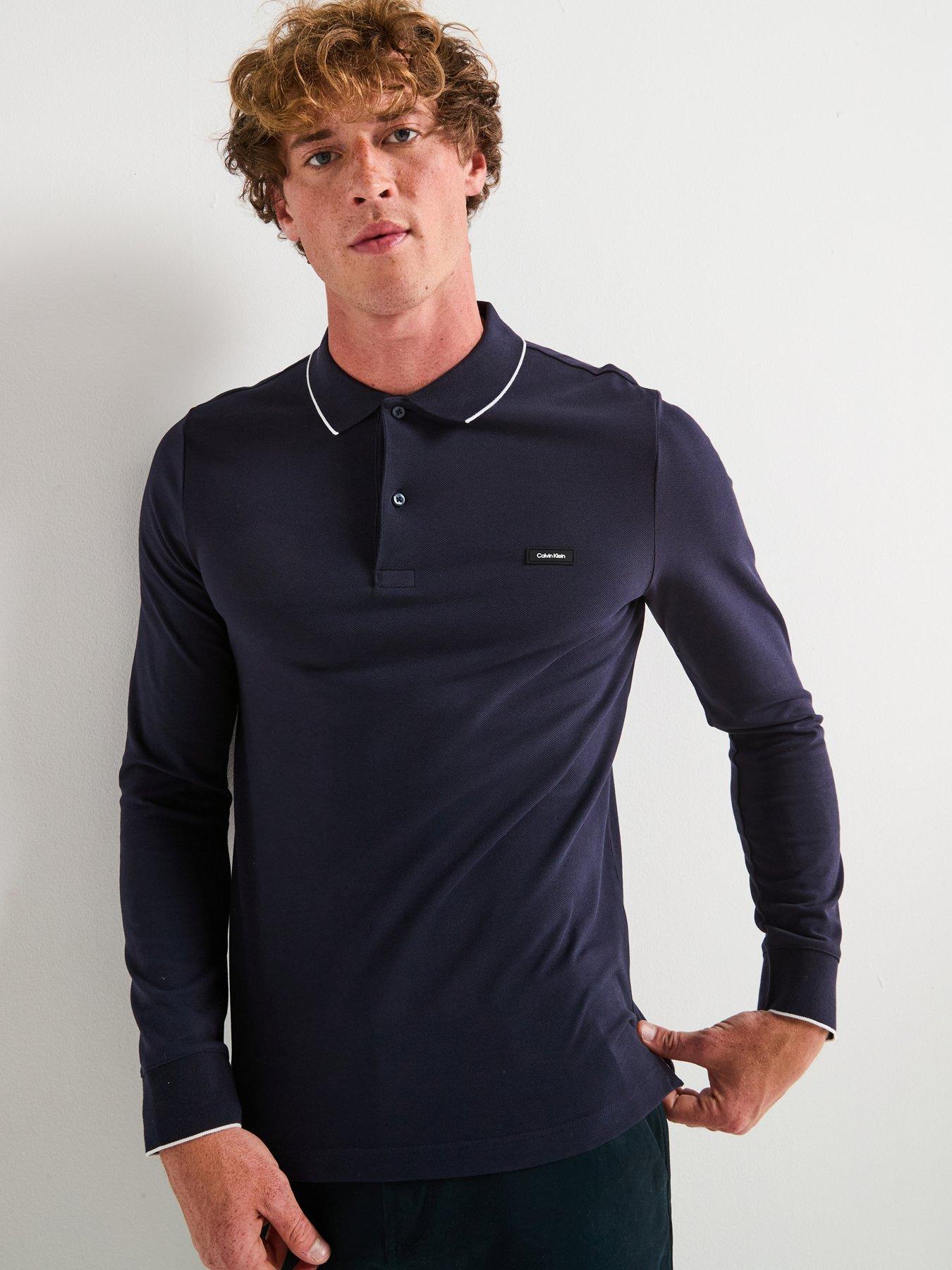 undefined Stretch Pique Tipping Long Sleeve Polo Shirt - Navy