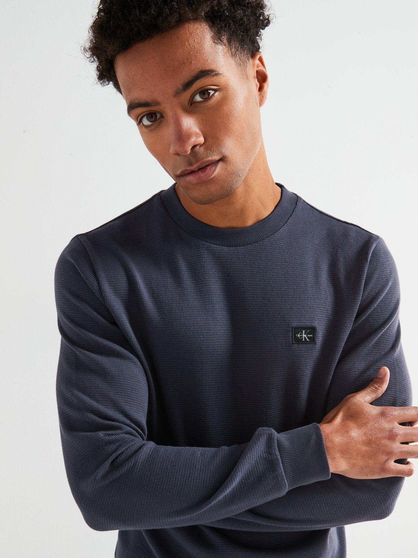  image of calvin-klein-jeans-woven-label-waffle-long-sleeve-t-shirt-navy