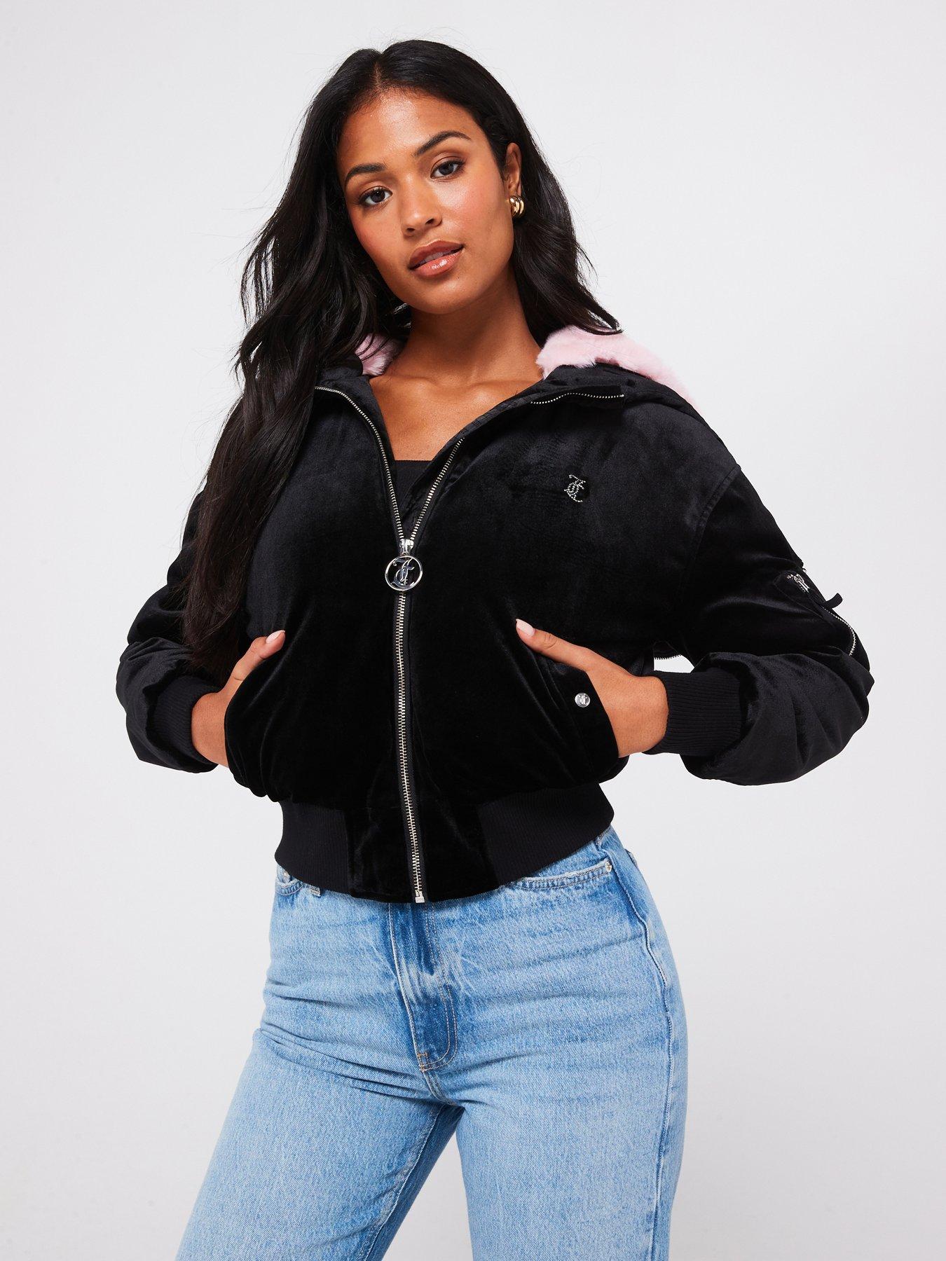 Juicy Couture Rydell Velour Diamante Bomber Jacket Black littlewoods