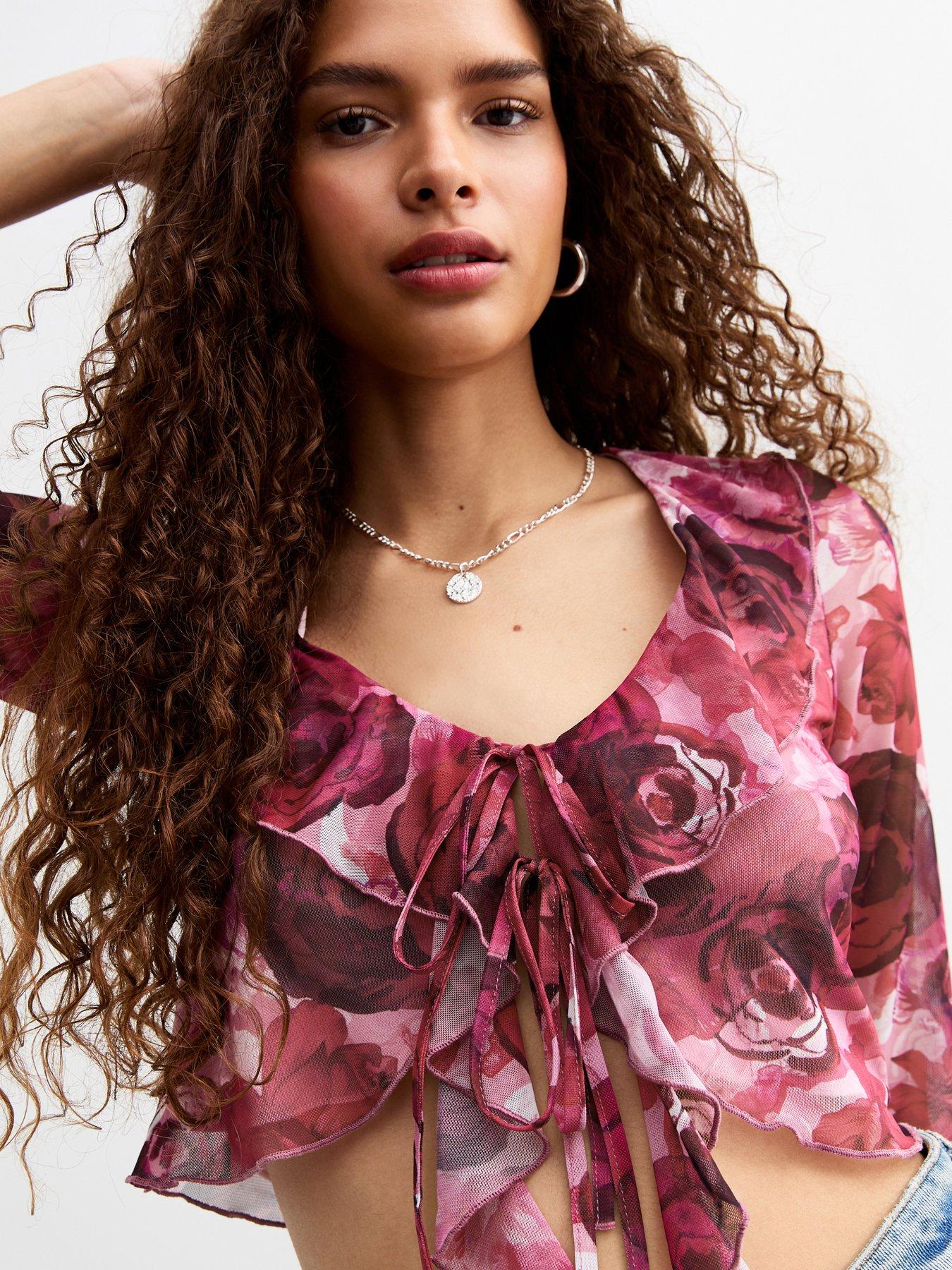 undefined Tie Front Floral Print Ruffled Crop Top - Pink