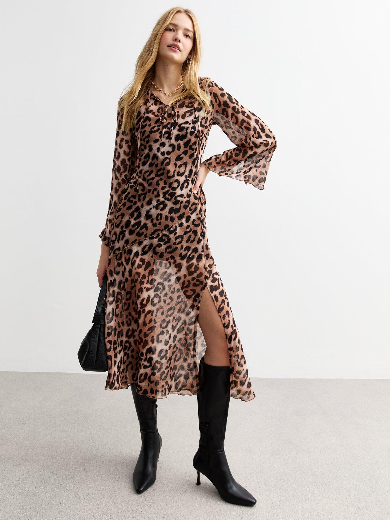 undefined Leopard Print Chiffon Midi Dress - Brown